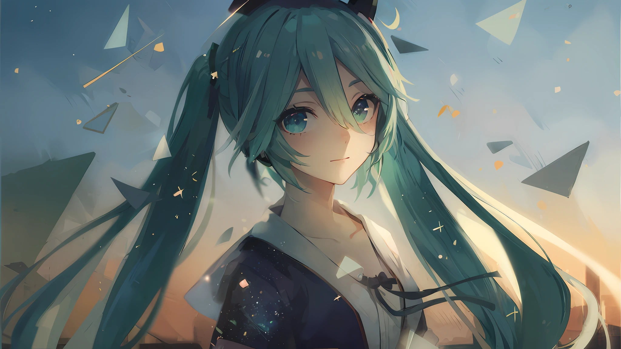 (Best quality at best,tmasterpiece),galaxias,glitters,shift dresses,Particle,ventania,florals,The upper part of the body,Microreality Hatsune Miku,Clear and real,Headphone jack,Blue thin eyeliner,Japanese natural finish,If there is a smile,6K blues,Normal photostaining,Girly,Take a walk outside,The most nostalgic Japanese street scene,Sunshine and wind,The temperature of the leaves,clear blue skies