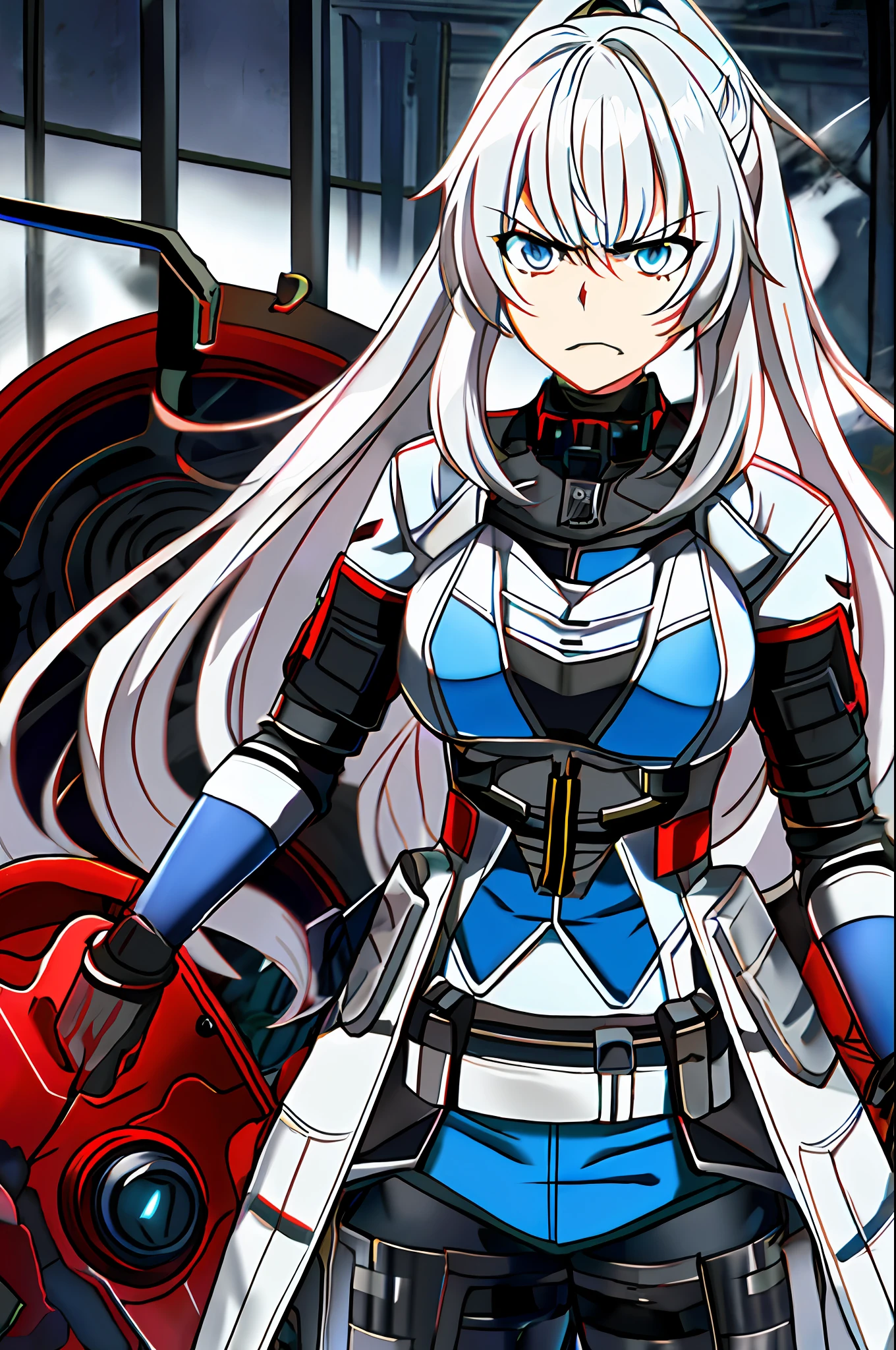 Anime girl, long white gray hair, muscle, blue eyes, taller, military suit sci fi, tactical, riot shield, very angry, evil, dirty, war, wear half mask, heavy machine gun, strong, blue power