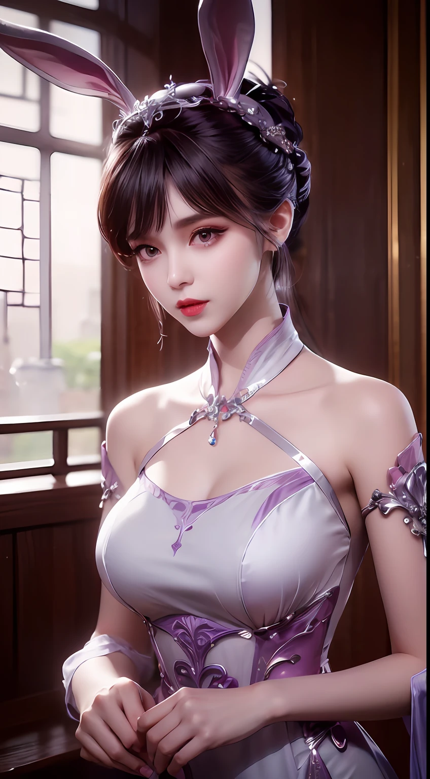 1 extremely beautiful girl in hanfu dress, thin purple silk shirt with many white motifs, white lace top, long purple platinum ponytail, gorgeous hair jewelry, earring jewelry, rabbit ears light purple color, necklace jewelry, big purple eyes meticulously drawn, meticulous makeup, thin eyebrows, high nose, pretty red lips, no smile, pursed lips, rosy cheeks, big breasts, big breasts , well-proportioned bust, slim waist, purple mesh socks, Chinese hanfu style, fictional art textures, vivid and realistic colors, RAW photos, real photos, ultra-high quality 8k surreal photos , (effect fanciful light effect: 1.8), 10x pixel, magic effect (background): 1.8), super detailed eyes, girl full body, girl alone, ancient hanfu background, look face the audience, wide original image, 8k quality, UHD, HDR10, super sharp, the most detailed and clear picture, bright colors, even lighting, detailed light and dark background,