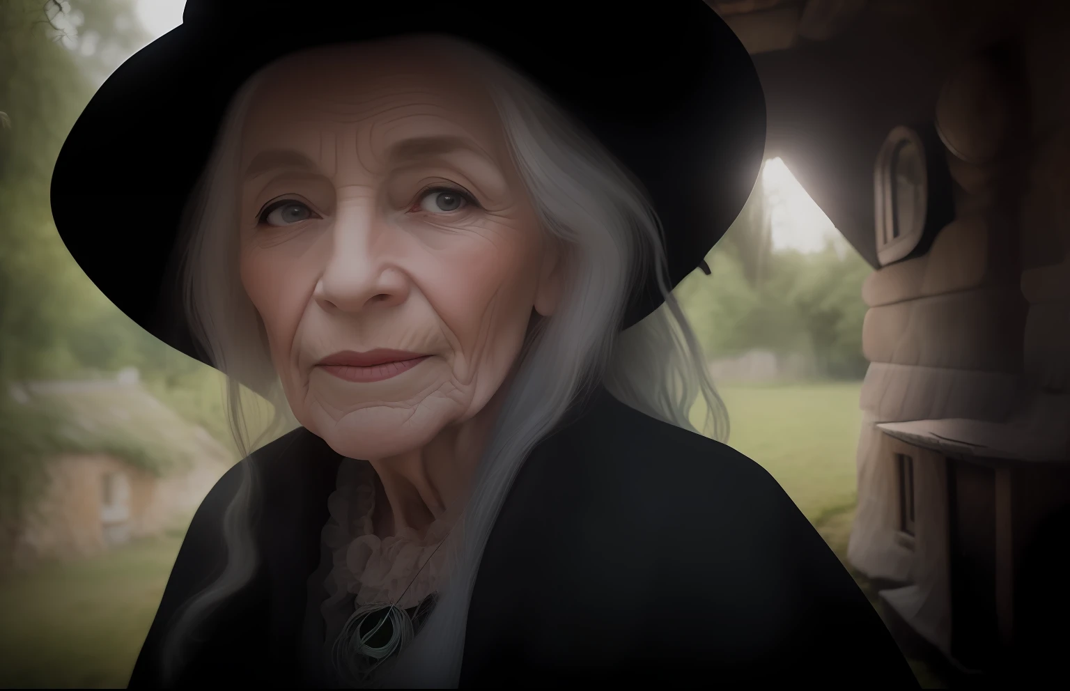 an old (witch:1.3) crone, wrinkled face, hair blowing in wind, (face focus:1.2), outside her (witch cottage:1.4) under trees, looking at viewer, realistic, masterpiece, highest quality, backlighting, (lens flare:1.1), (bloom:1.1), (chromatic aberration:1.1), by Jeremy Lipking, by Antonio J. Manzanedo