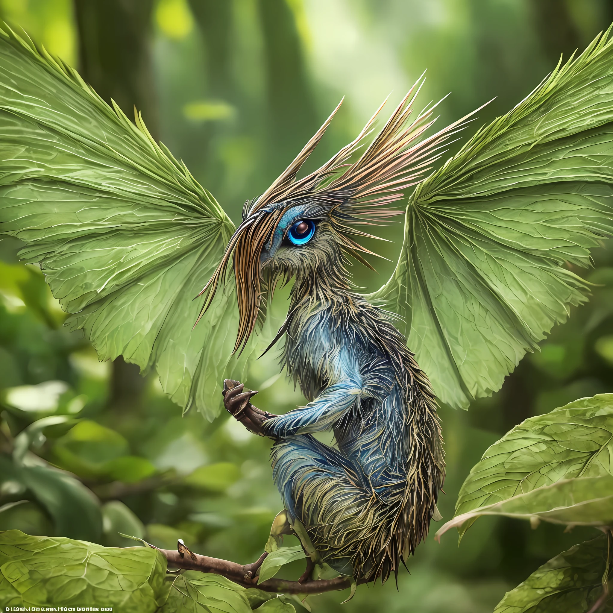 Leathery slippery creature with four wings. Wings transparent, large eyes, long narrow muzzle, with a long thin tongue. Slim, green-blue, (he sits on a branch in the jungle and watches from hiding),hiding in the leaves in a lush forest,(highly detailed:1.2),(best quality:1.2),8k,sharp focus,(subsurface scattering:1.1),(award-winning macro photography:1.1)
(cute:1.2),Leathery slippery creature with four wings.
(very detailed clothes:1.2), (highly detailed background:1.3), chibi, (hyperrealistic:1.2), cinematic lighting, highly detailed,smooth, sharp focus,[(emb-rrf2:1.0):.15]