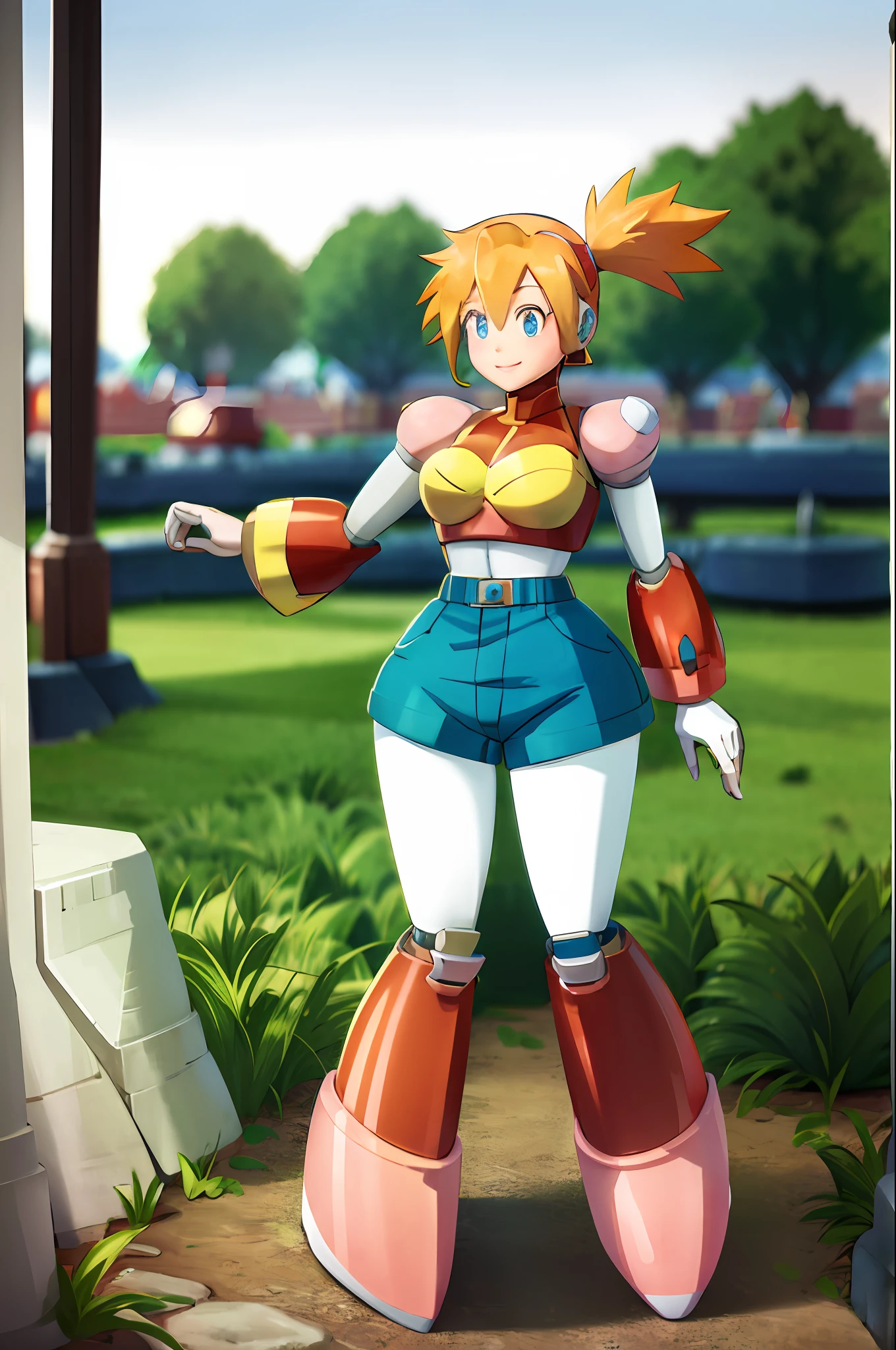 masterpiece, best quality, highres, 1girl, misty (pokemon), orange hair, solo, shorts, suspenders, side ponytail, orange hair, midriff, yellow crop top, navel, short hair, denim, denim shorts, smile, cowboy shot, standing, outdoors, 1Girl, Heavily armored, cybernetic heavy armor, arm gloves, knee-height skirt, heavy cybernetic boots, heavy cybernetic arms, heavy cybernetic torso, waist belt, megamanX heavy armor, bulky megamanX armor, reploid armor, Pokemon_Misty Face, heavy Hair, Armored cone dress, Extremely Heavy body armor, large wide dress, Waitor Dress, Heavy Torso Armor, wearing headset, wearing scarf, wearing hair bandanna, pokemon-Ranger outfit, heavy ranger outfit