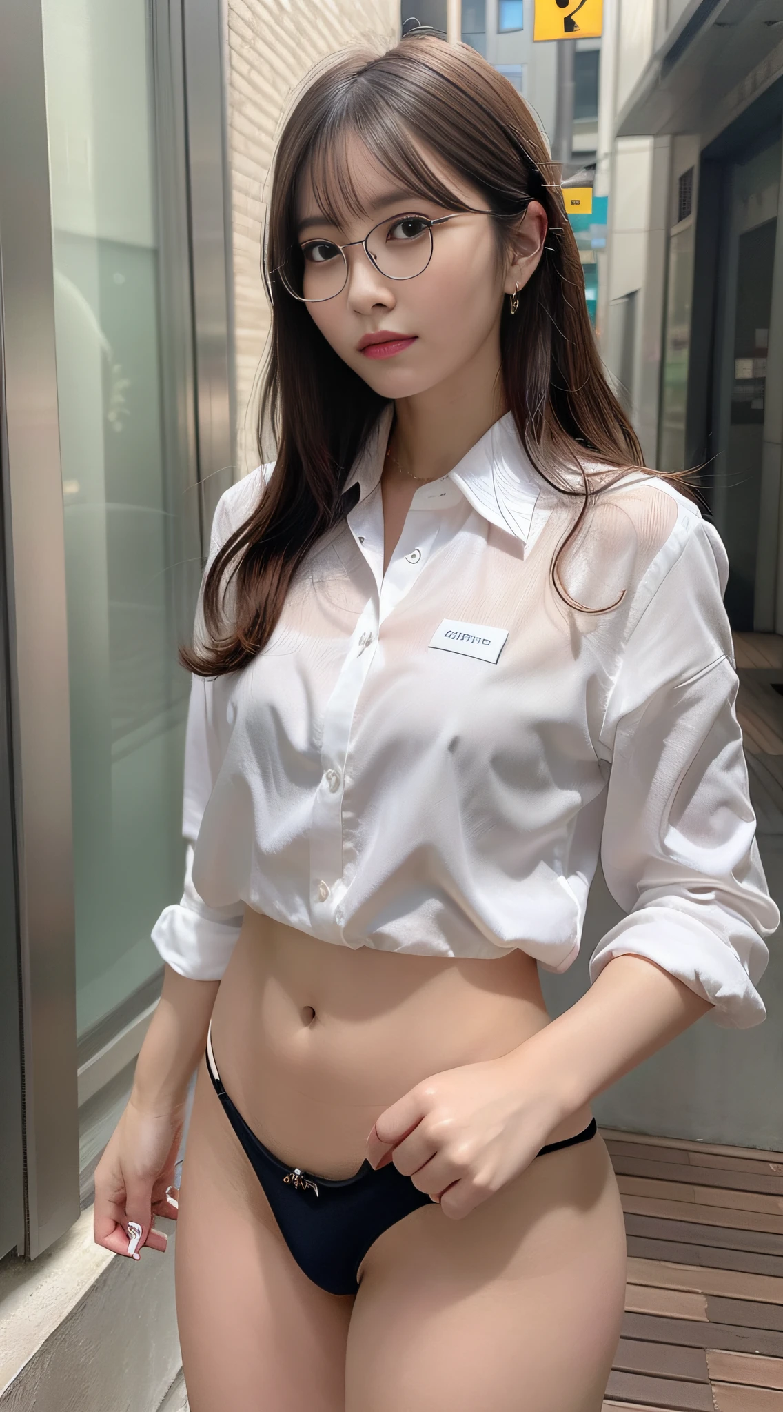 ((Top Quality, 8k, Masterpiece: 1.3)), Crisp Focus: 1.2, Beautiful Women in Perfect Style: 1.4, Slender Abs: 1.2, ((Dark Brown Hair, Big: 1.2)), (White Button Up Long Shirt: 1.1), Street: 1.2, Highly Detailed Face and Skin Texture, Detailed Eyes, Double Eyelids, Glasses, Nude, Urban, Underwear