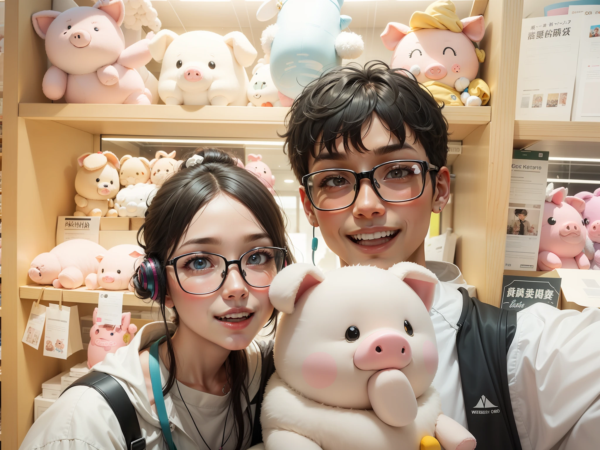 ((top-quality,8K,tmasterpiece:1.3 highly detailed facial and skin textures,Detailed eyes,双眼皮In a plush toy store, there is a boy and a girl. The boy wears glasses while the girl also wears glasses and has headphones hanging around her neck. The boy has messy black hair with a fringe, and the girl has a black bun hairstyle with wispy bangs. They stand close together, holding a pink pig plush toy, smiling happily.