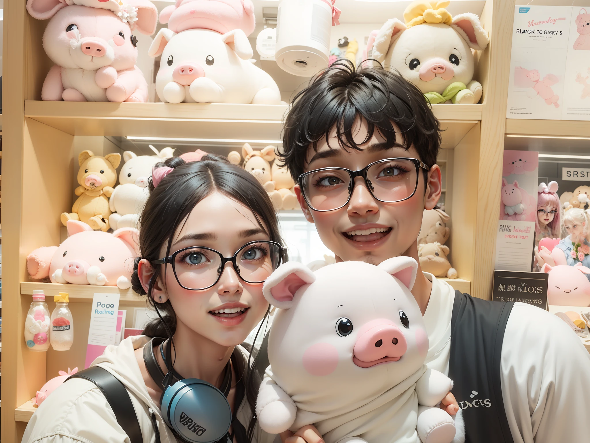 ((top-quality,8K,tmasterpiece:1.3 highly detailed facial and skin textures,Detailed eyes,双眼皮In a plush toy store, there is a boy and a girl. The boy wears glasses while the girl also wears glasses and has headphones hanging around her neck. The boy has messy black hair with a fringe, and the girl has a black bun hairstyle with wispy bangs. They stand close together, holding a pink pig plush toy, smiling happily.