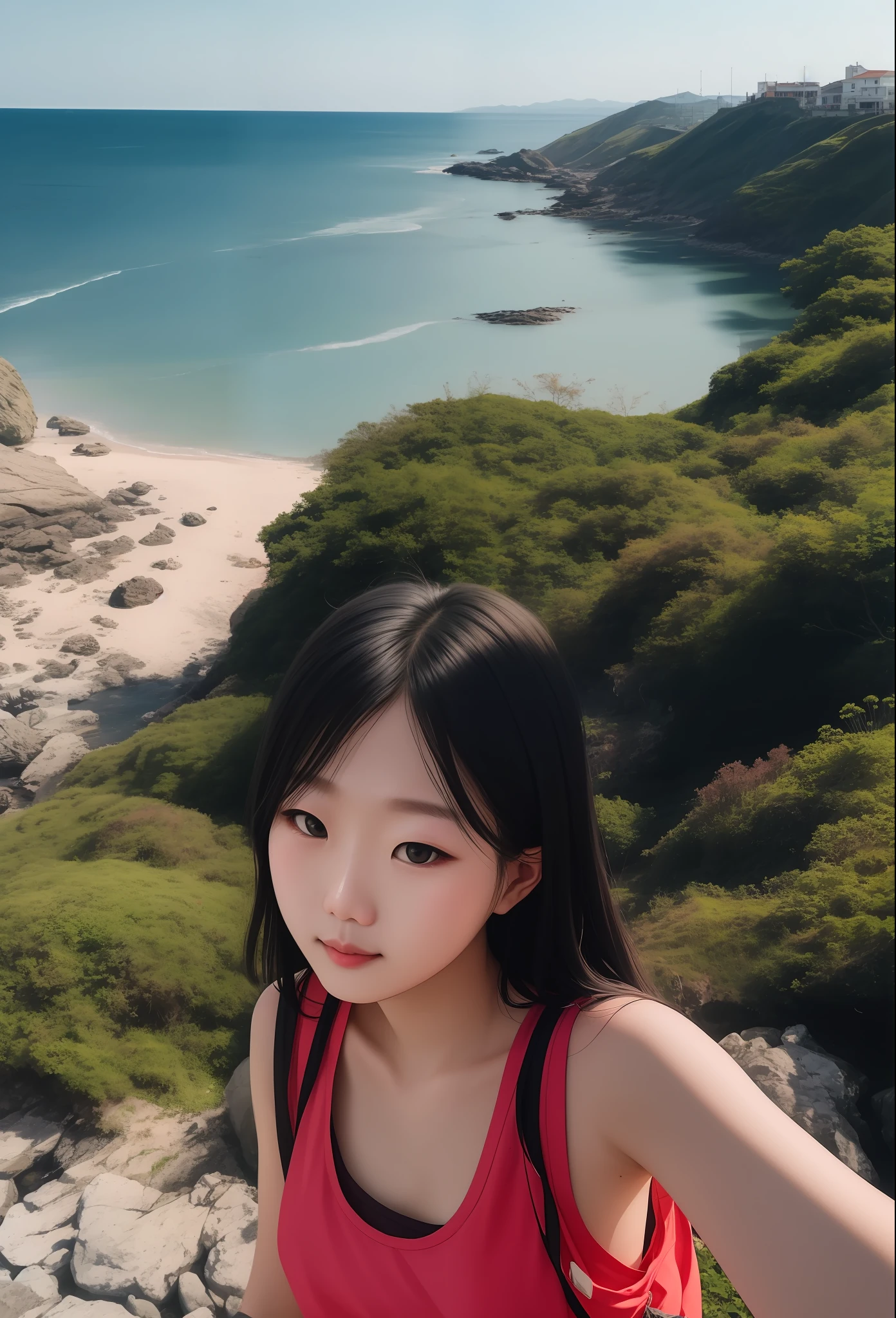 RAW photos，A photo of a 25-year-old，Seaside during the day，比基尼，（highdetailskin：1.2），8k uhd，Slr，softlighting，high qulity，filmgrain，Fujifilm XT3