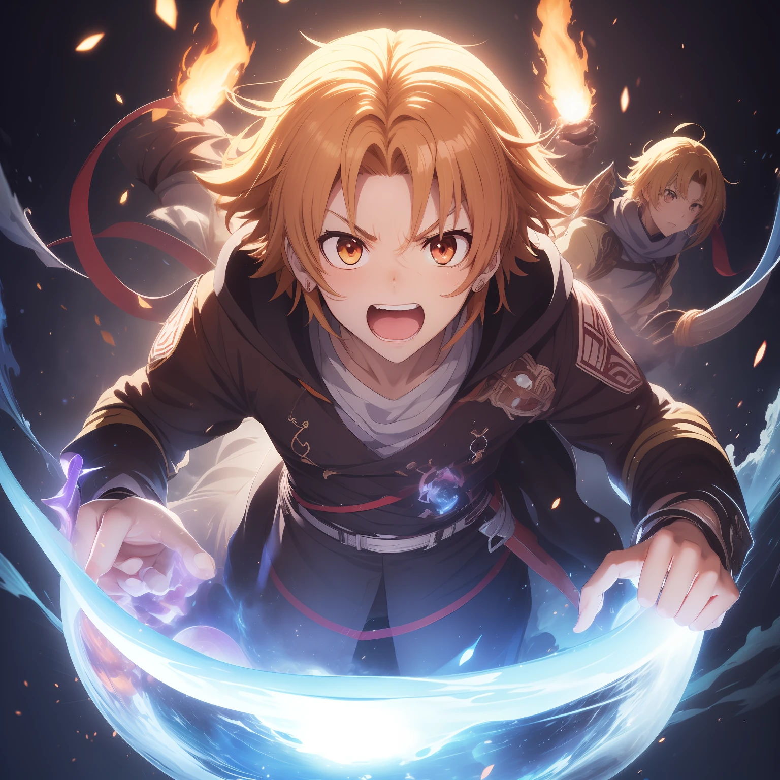 (((Rudeus))),((Obra-prima do anime))), Concentrating multicolored fireball in the hands, vortex, particuls, (sentado), 1 garoto, ambiente de fantasia, (((rindo))),