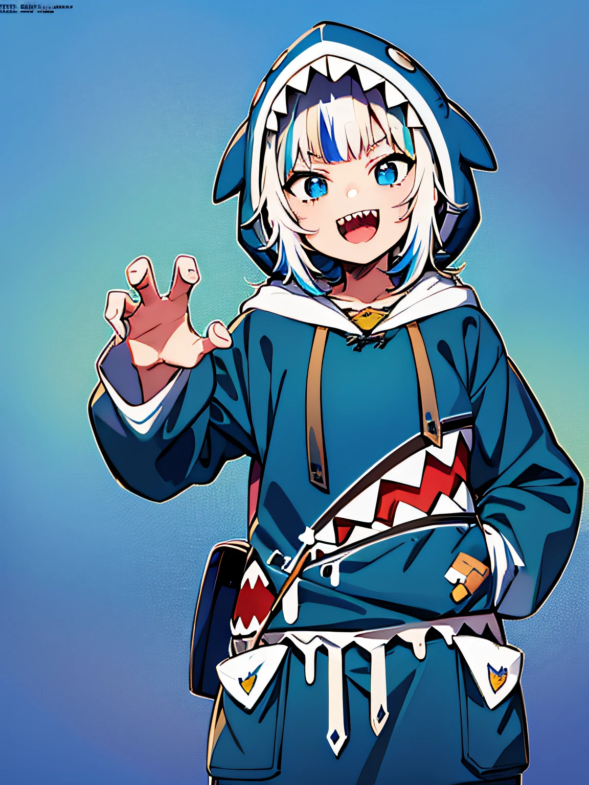 Masterpiece, Best quality, Ultra-detailed, absurderes, Colorful, gawr gura, Detailed eyes, wide-eyed, eyeslashes, view the viewer, Cowboy shot, (Blue background:0.9), (The cold boy stood:0.7), Blue hoodie, Shark tail, Sharp teeth, Claw pose, Hood up, (:D:1.0), bag over the waist, Put your hands in your pockets