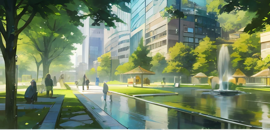 Realisticstyle,There are many people walking in the park with fountains, Detailed rendering, building rendering, Sunny environment, skyscrapers with greenery, landscape architecture photo, high-resolution details, realistic scene, sharp hq rendering, rendering, sharp foccus ilustration hq, artistation render, detalhe poderoso, full-colour illustration, Higher detailed illustration, high - res, High-res --auto