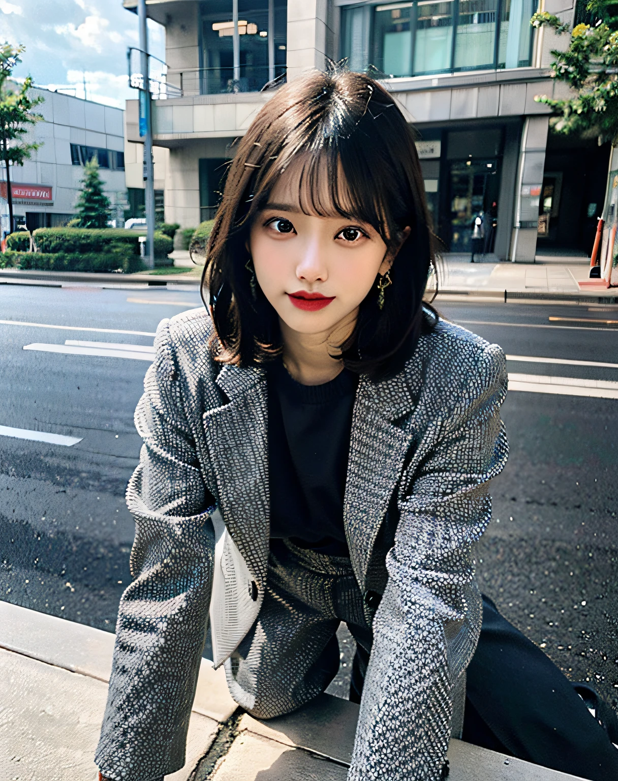 top-quality、Hi-Res、8K、Girl 1 Mature Mature Mature Woman Person、during the day、、A dark-haired、short-cut、with light glowing、outside of house、Luxury、(Medium Hair)、Beautiful detail sky、Beautiful earrings、(dynamicposes:0.8)、(fullllbody:1.2)、Soft breeze、shinny skin、line of sight、Bust、Black lingerie、gray tailored jacket,Office、all-fours