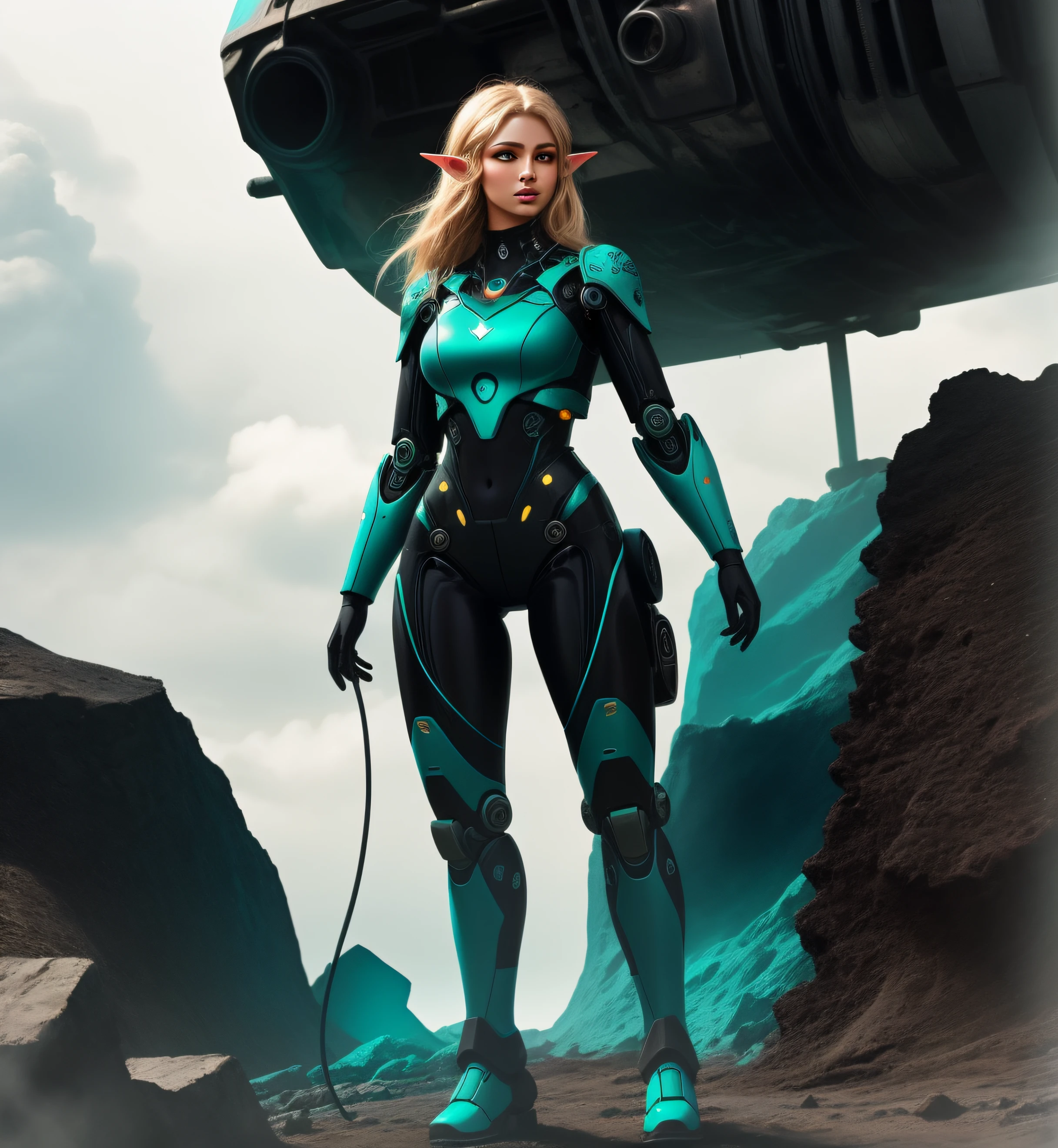 Curvy blonde Black elf woman, in green black and teal cyber suit, standing in volcanic base camp, mechanic robot floating nearby, realistic art style, intricate details