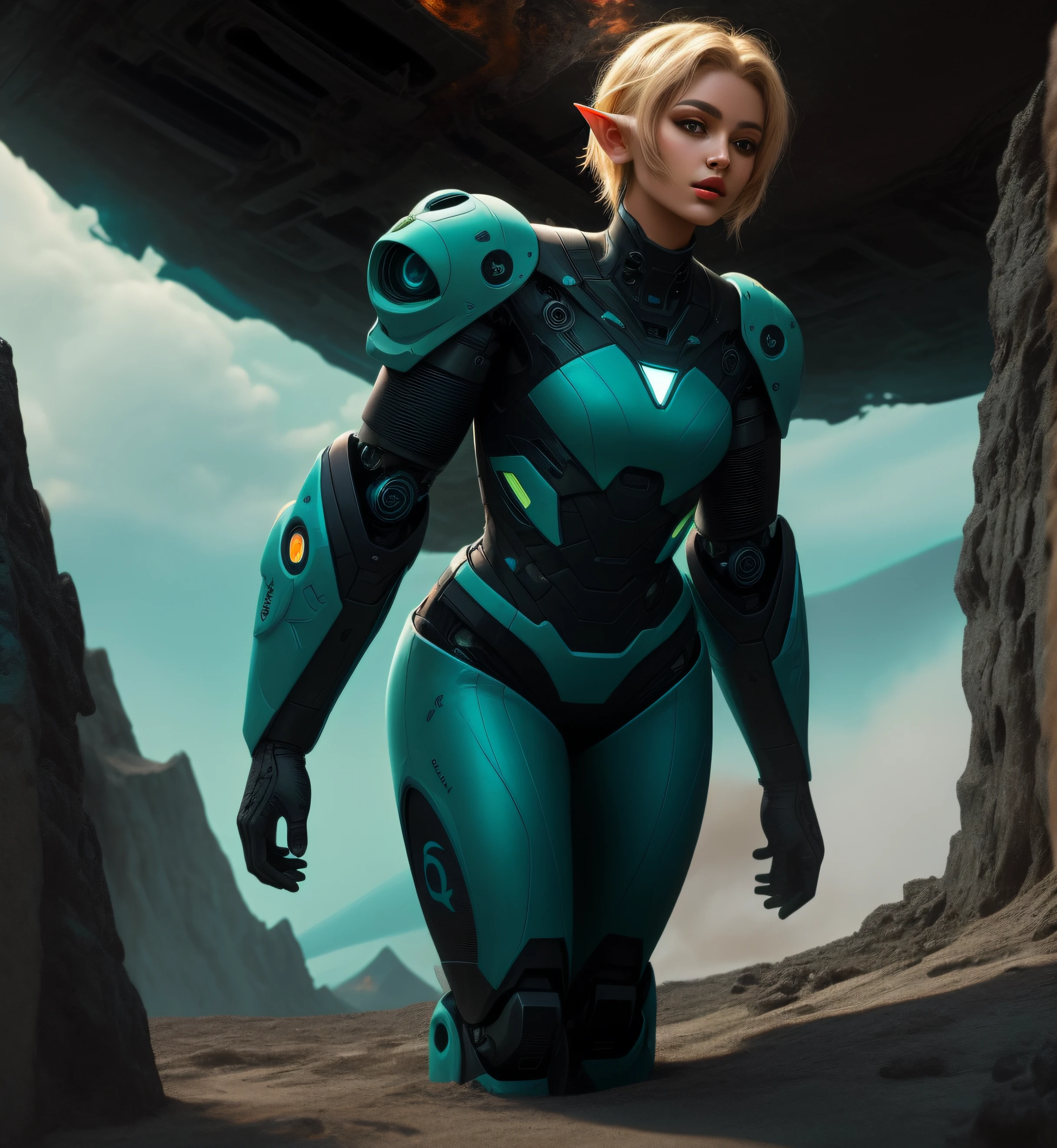 Curvy blonde Black elf woman, in green black and teal cyber suit, standing in volcanic base camp, mechanic robot floating nearby, realistic art style, intricate details