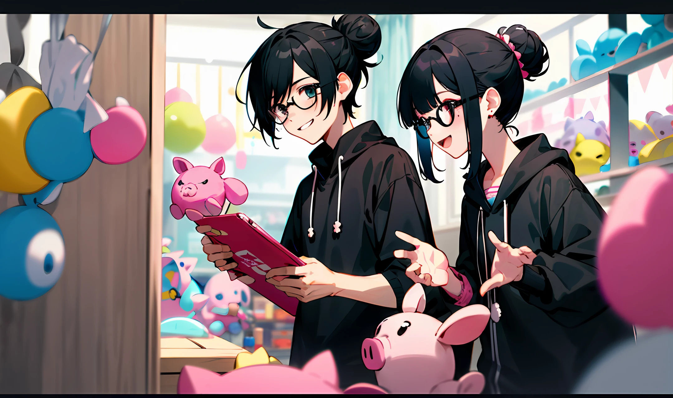 In a plush toy store, there is a boy and a girl. The boy wears glasses while the girl also wears glasses and has headphones hanging around her neck. The boy has messy black hair with a fringe, and the girl has a black bun hairstyle with wispy bangs. They stand close together, holding a pink pig plush toy, smiling happily.