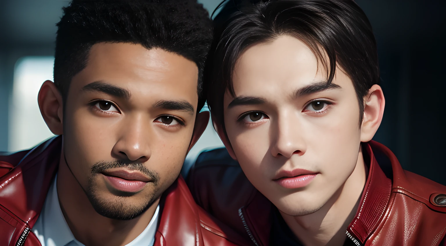 (both of them are black men), (head shot), (only face), (Two black male gay handsome muscular men in his 30s wearing red leather jackets), Mischievous smile, (detaile: 1 in 1), Natural muscles, HIG quality, beautidful eyes, (Detailed face and eyes), (Face、: 1 / 2), Noise, Real Photographics、... ..........................................PSD, Sharp Focus, High resolution 8K, realisitic & Professional Photography, 8K UHD, Soft lighting, High quality, Film grain, FujifilmXT3