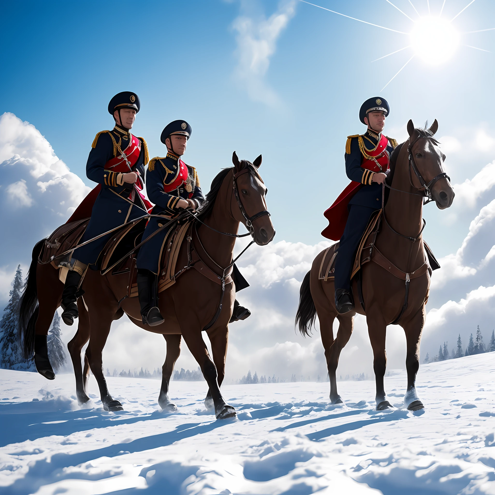 (magnificent),(best quality),Hyper-realistic,(Cossack cavalry+Snowy background:1.3+High-gloss texture),Race across the earth,wild_and_free,Lens shake,The wind blows the ponytail,Raised hope,snow covered,At the crack of dawn,(Sunlight shines on the ground through the clouds),Volumetric light,Super large image width,telephoto lenses,Chilling/Warm style,((Double riding:1.4)+military uniform),(snowflakes:0.8+sunlight:0.8),The picture is expressed with passion,Convey the emotion of hope。 --auto