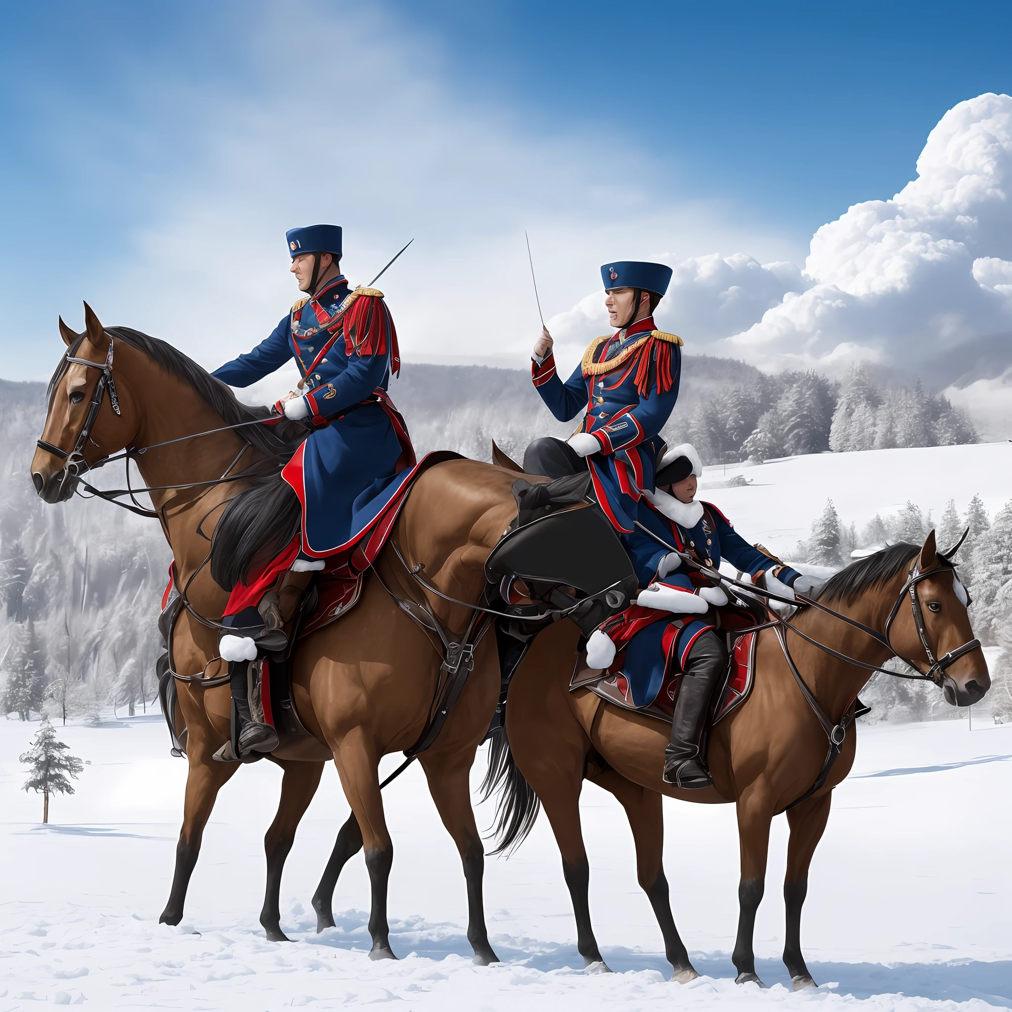 (magnificent),(best quality),Hyper-realistic,(Cossack cavalry+Snowy background:1.3+High-gloss texture),Race across the earth,wild_and_free,Lens shake,The wind blows the ponytail,Raised hope,snow covered,At the crack of dawn,(Sunlight shines on the ground through the clouds),Volumetric light,Super large image width,telephoto lenses,Chilling/Warm style,((Double riding:1.4)+military uniform),(snowflakes:0.8+sunlight:0.8),The picture is expressed with passion,Convey the emotion of hope。 --auto