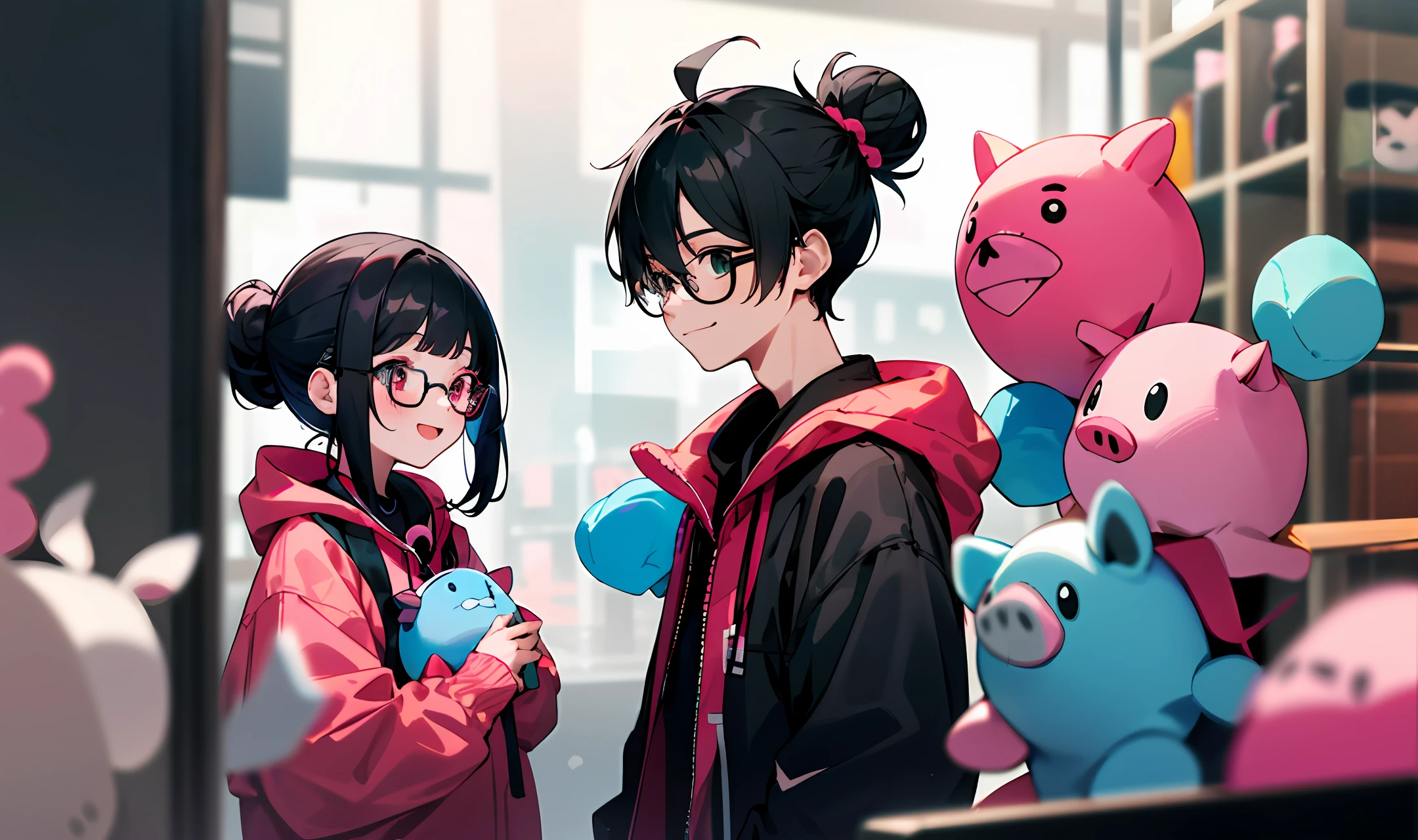 In a plush toy store, there is a boy and a girl. The boy wears glasses while the girl also wears glasses and has headphones hanging around her neck. The boy has messy black hair with a fringe, and the girl has a black bun hairstyle with wispy bangs. They stand close together, holding a pink pig plush toy, smiling happily.