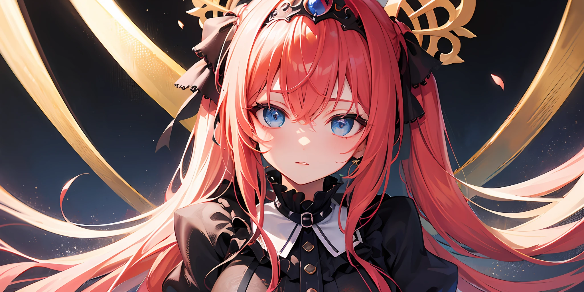 goth loli,dual horsetail,Crown tiara,Collar,Pride,Individual performances,long whitr hair,High quality CG quality,Many details are exquisitely presented,Beautiful girl with red hair with blue eyes,Instantaneous and dynamic close-up scenes;The dark Gothic background contrasts with the loli shape,It's visually striking,Blurry dark red tones,Enhanced gothic mystery,Red hair, Blue eyes, twintails, Goth Lolita, Darkgoth, Collar,Crown tiara,pride,solo,loli,Long hair