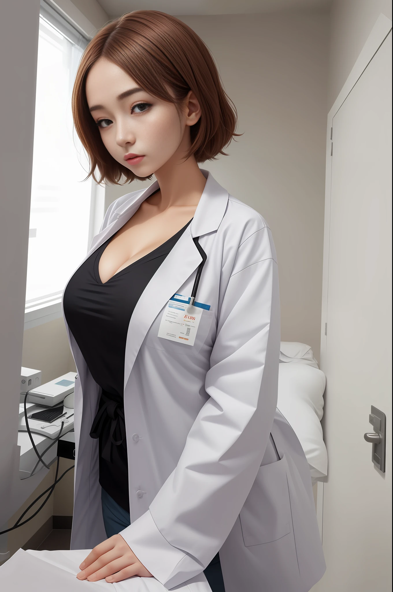 (Best quality), Big head, (1个Giant Breast Girl:1.2) in a doctor blouse in hospital
