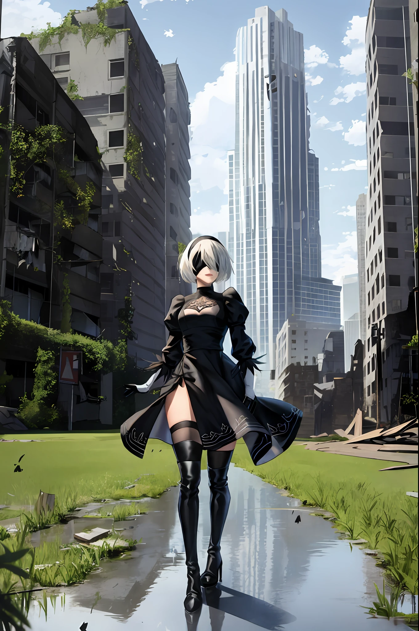 yorha no. 2 type b, 1girl, absurdres, black blindfold, black dress, black hairband, blindfold, blue sky, boots, building, city, cloud, covered eyes, debris, dress, feather-trimmed sleeves, feather trim, from below, gloves, grass, hairband, high heel boots, high heels, highres, juliet sleeves, katana, leather, leather boots, long sleeves, nier \(series\), nier automata, outdoors, overgrown, pod \(nier automata\), post-apocalypse, puddle, puffy sleeves, rubble, ruins, scenery, sky, thigh boots, thighhighs, thighhighs under boots, water