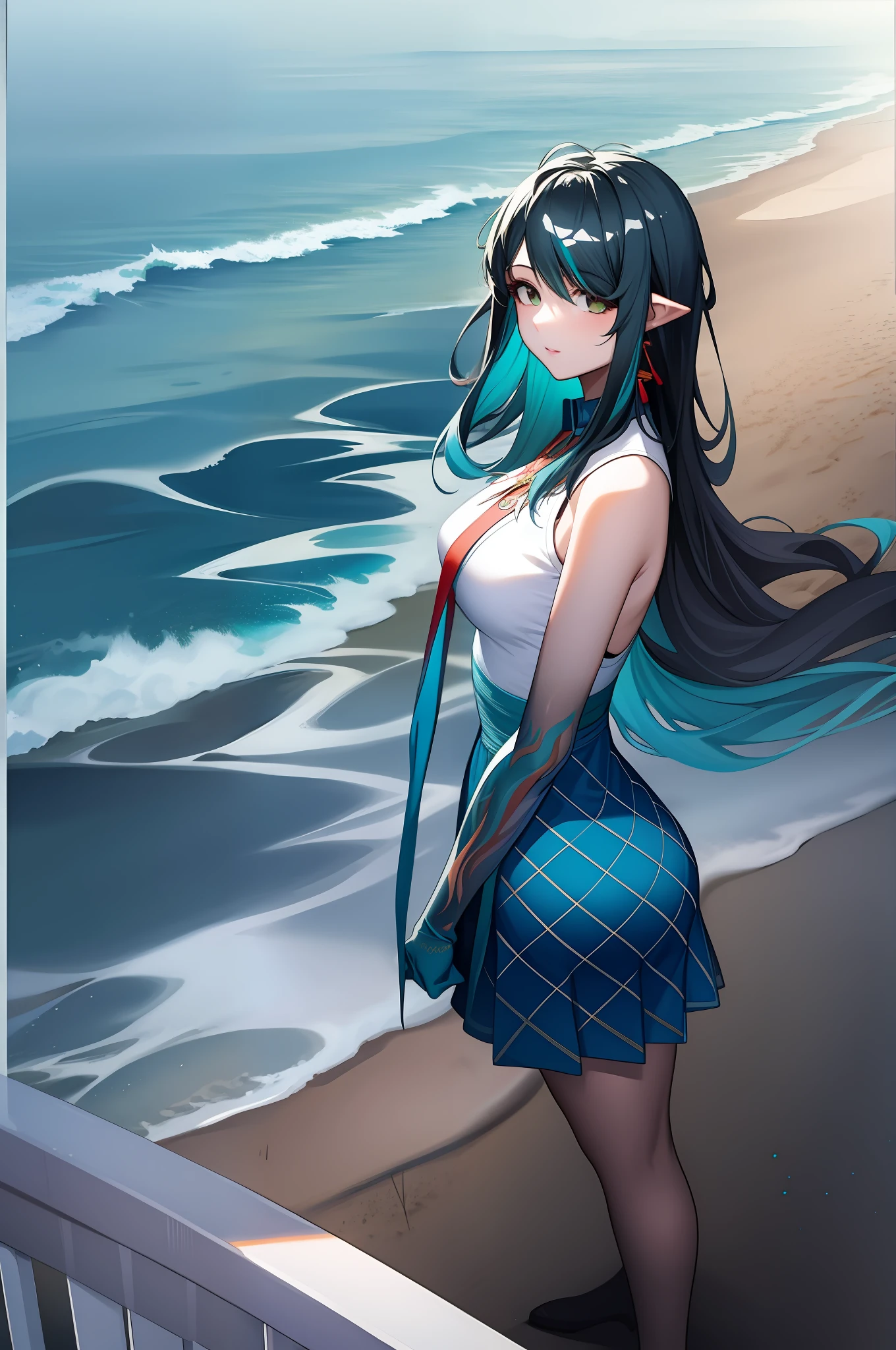 Anime girl in blue dress and white shirt standing on beach, mikudayo, Anime girl with teal hair, Have by the sea, Kantai collection style, Anime moe art style, trending on artstation pixiv, beautiful anime art style, Azure Ocean, style of anime4 K, Green sea, wallpaper anime blue water, (Anime girl)high resolution