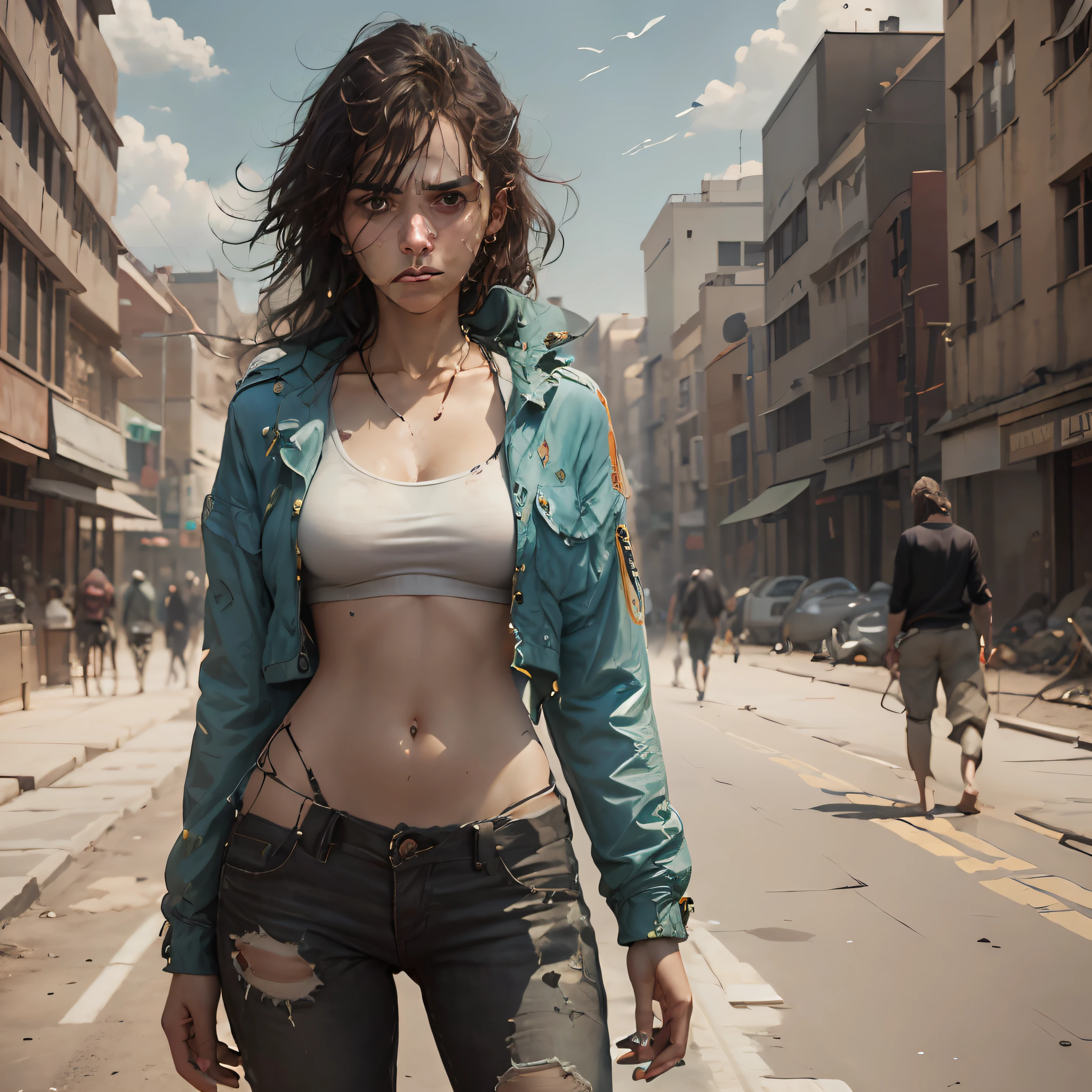 ugly,baggy clothes,baggy pants,Dirty laundry,Dirty pants,There is dirt on the body,Clothes are worn out,Loose hair,Yellowish hair,exhaustion,dark circles,ruin background,overcast day,Confused expression,sick,Scratched clothes,plain face,