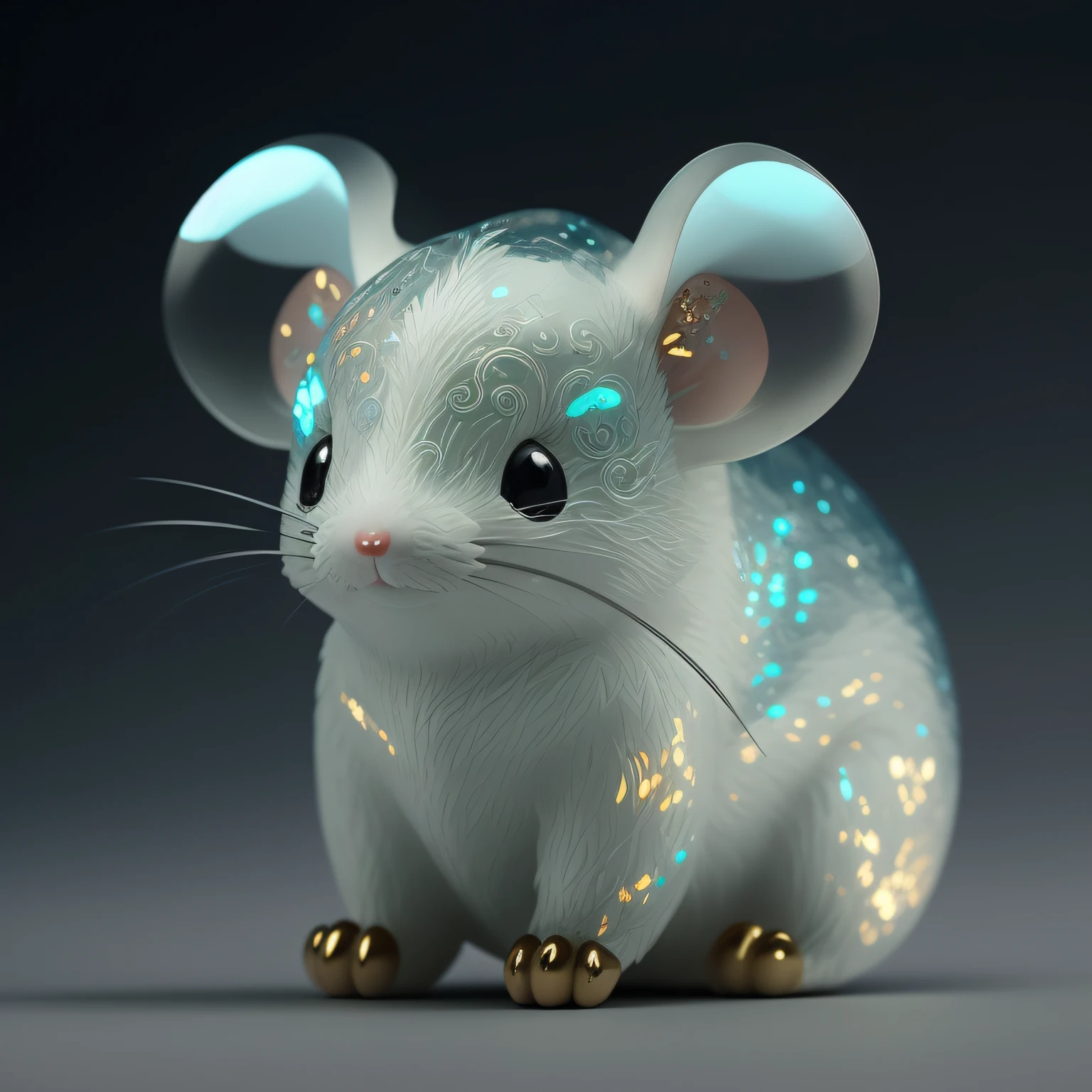 A glass rat statue with a blue and white design,detail-rich,Cute and chic;Cyborg mouse mouse,The digital art style is unique;Dinosaur mouse and anthropomorphic mouse,It's as if it's alive;white mouse technomage,Charm;Digital painting of cute,Plus brilliant glowing creatures,It injects vitality and beauty into the whole picture;Maple Island rats and Pokemon,Reminiscent of fond childhood memories;Beautiful mouse girl,Exudes a charming。