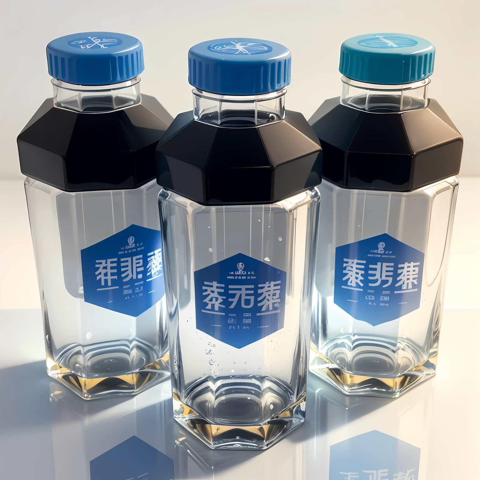 Width 65*Height 130mm octagonal transparent liquid bottle，The front shows blue characters on a white background on three sides，The name of the product is Nippon，The cap is white，Detailed bottle of white liquid mineral water，professional product shot, Product diagram --auto