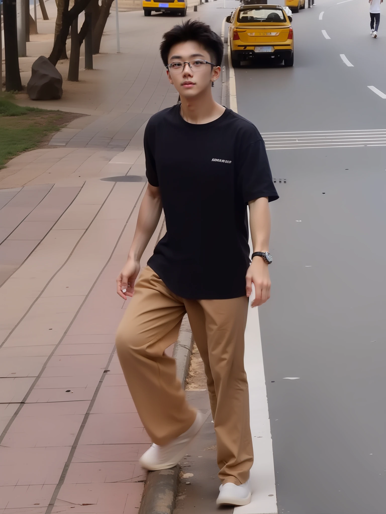The ager walked on the road,Wear a black and white watch,tmasterpiece,Need,Wearing glasses