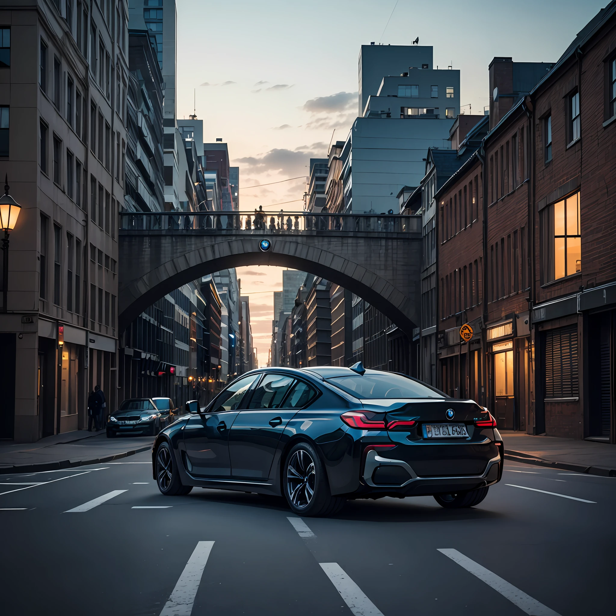 (high-quality, aesthetic) Shot of a sleek Black BMW i4 cruising along a bridge, with a stunning cityscape as the backdrop. A perfect composition without any human presence captures the beauty of the city in the night lights.