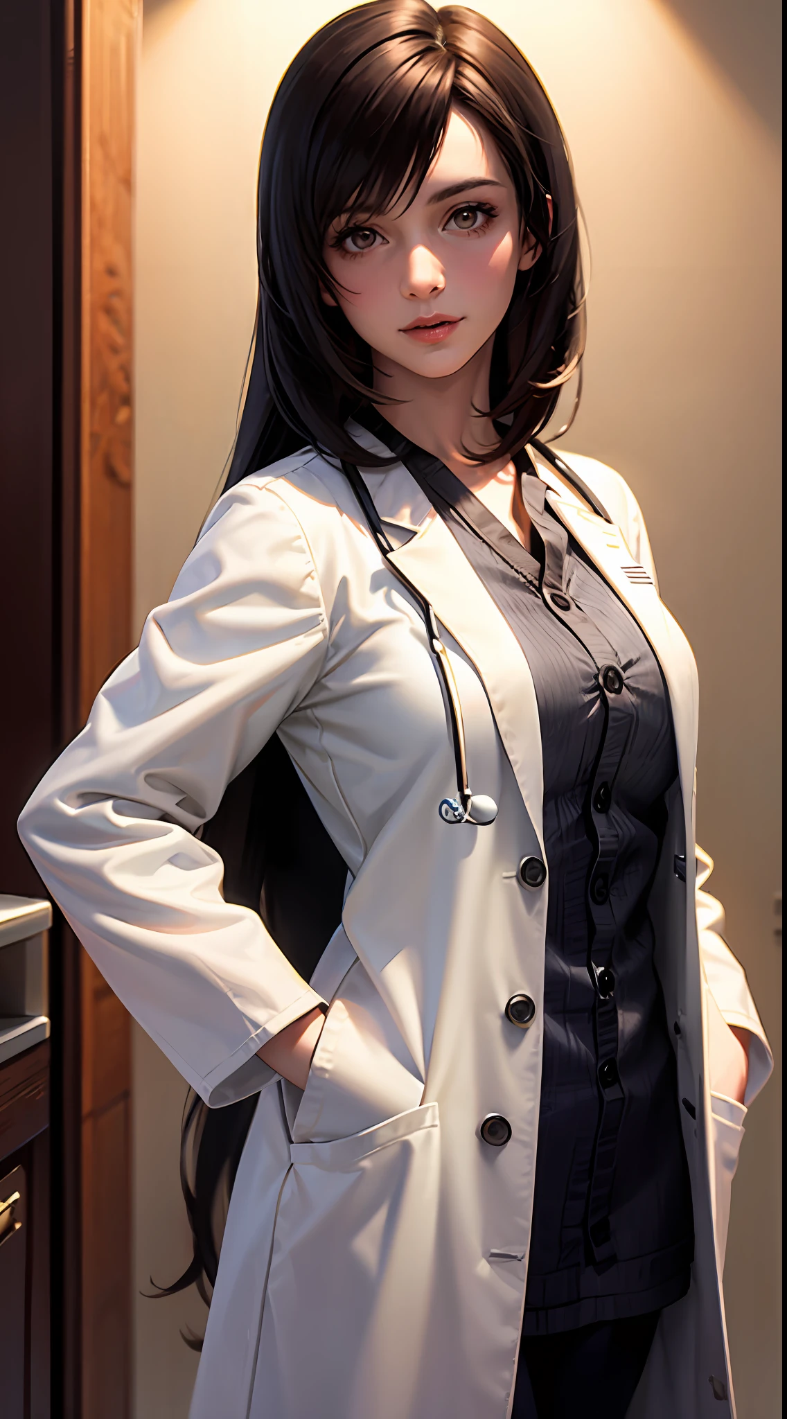 (Realistic: 1.4), Top quality, very refined and beautiful, High resolution, 1girl, Brunette hair, long hair, face light, beautiful lighting in the room, (upper body), perfect face, ((Doctor)), ((Doctor White Coat))))