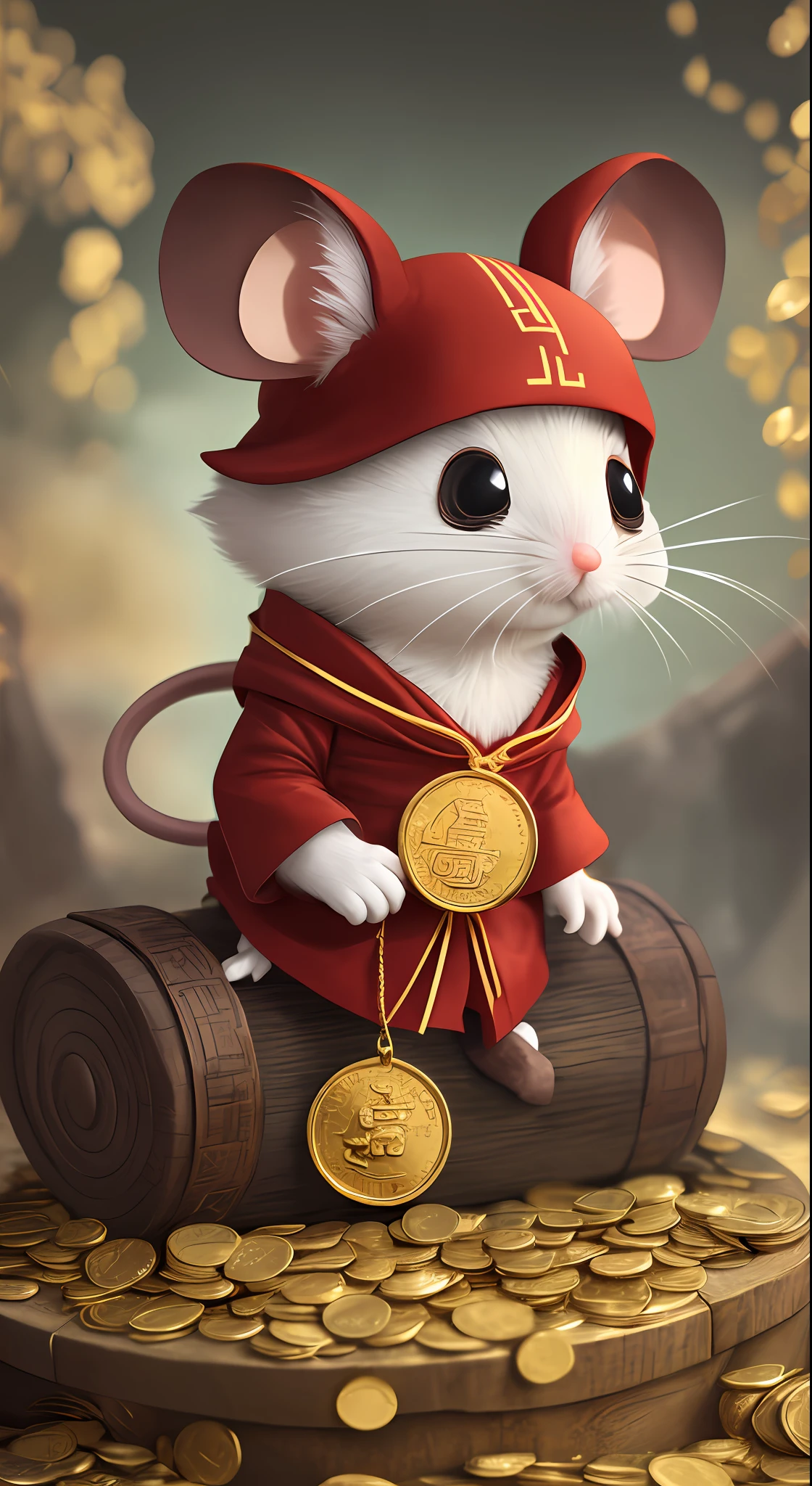Anthropomorphic , The cute little mouse wears an elegant red Hanfu and holds a gold coin , The ground is covered with gold coins , Big eyes , Chinese culture , zbrush , Faure