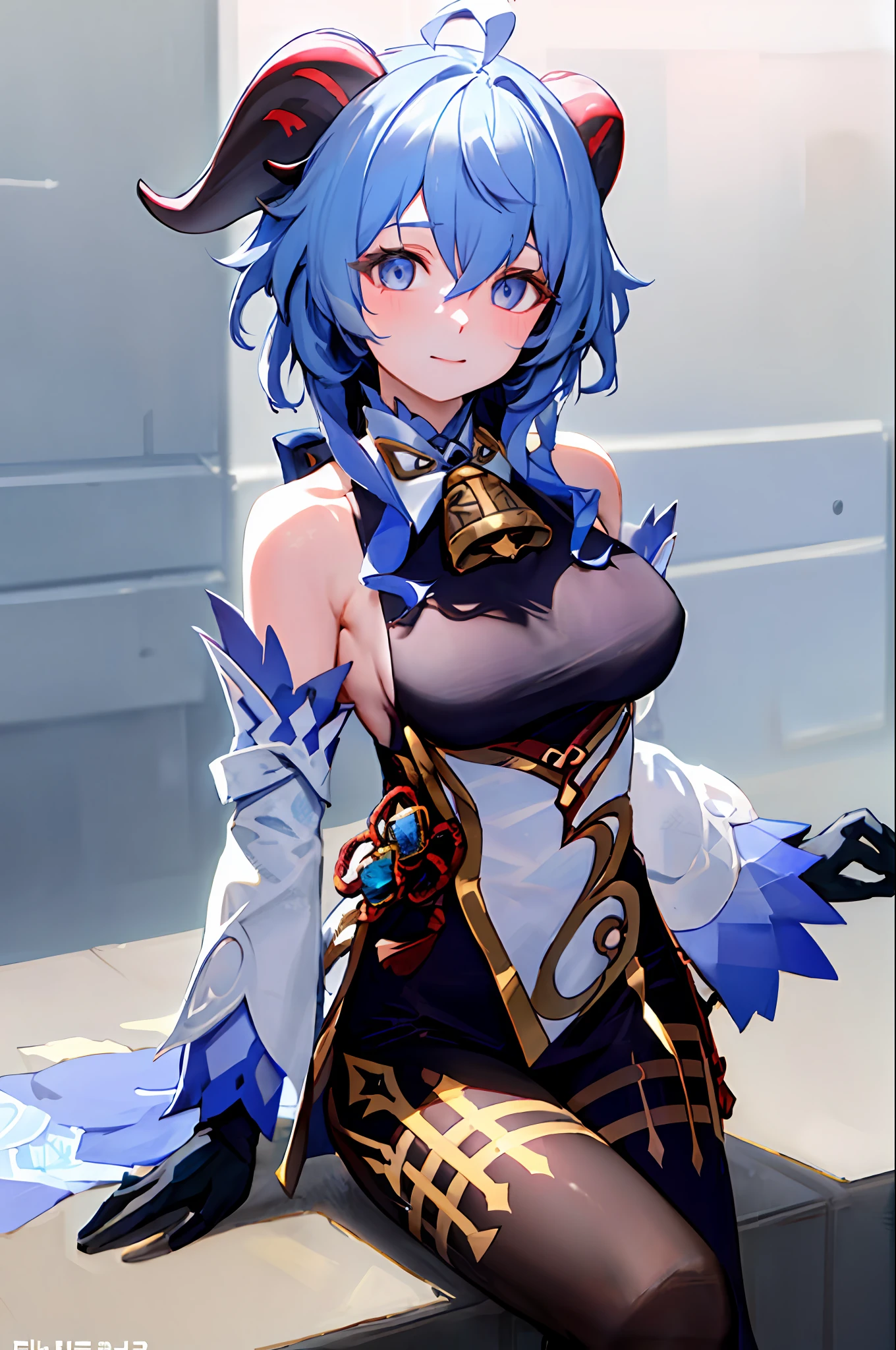 (photorealistic:1.4), (masterpiece, sidelighting, finely detailed beautiful eyes: 1.2), masterpiece*portrait, realistic, 3d face,
ganyu \(genshin impact\), 1girl, ahoge, architecture, bangs, bare shoulders, bell, black gloves, black pantyhose, (blue hair), blush, breasts, chinese knot, detached sleeves, flower knot, gloves, horns, long hair, looking at viewer, medium breasts, neck bell