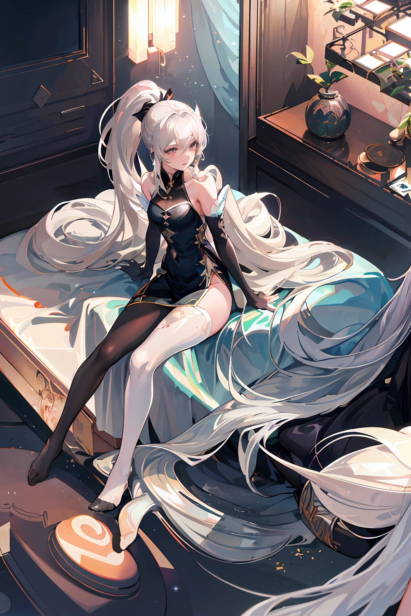 White silk anime white hair covers eyes barefoot