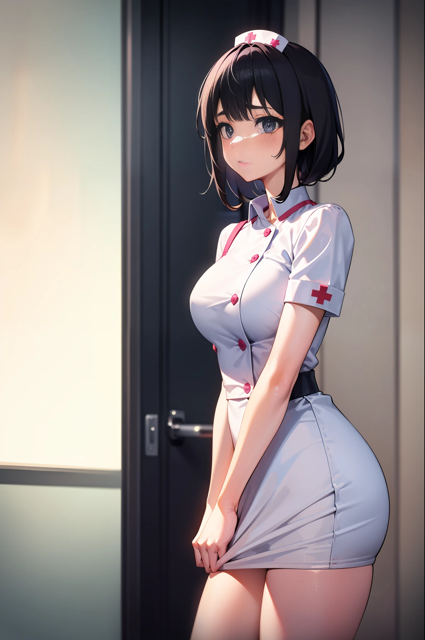 1girl, clothes tug, nurse,
infirmary,, masterpiece, best quality, highly detailed