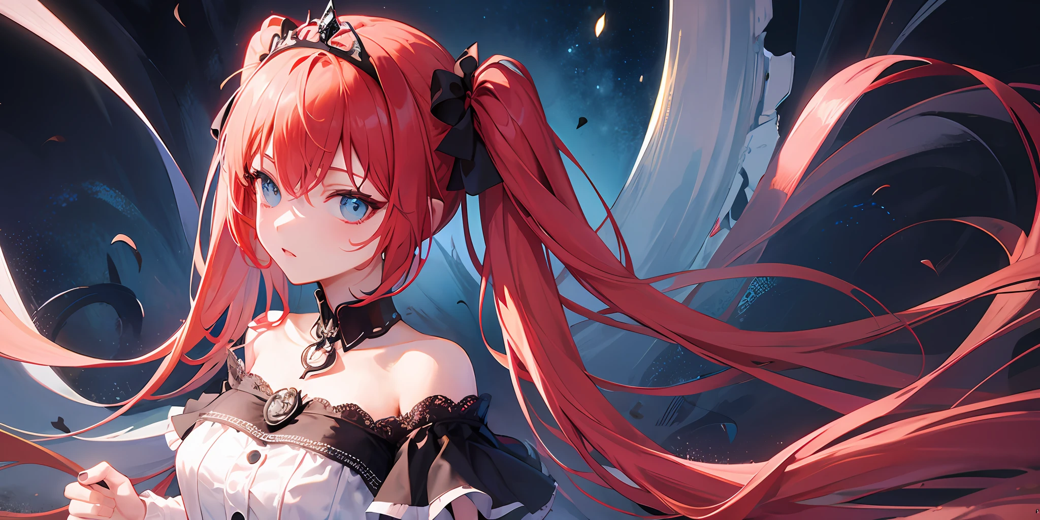goth ,dual horsetail,Crown tiara,Collar,Pride,Individual performances,long whitr hair,High quality CG quality,Many details are exquisitely presented,Beautiful girl with red hair with blue eyes,Instantaneous and dynamic close-up scenes;The dark Gothic background contrasts with the lolipe,It's visually striking,Blurry dark red tones,Enhanced gothic mystery,Red hair, Blue eyes, twintails, Goth Lolita, goth, Collar,Crown tiara,pride,solo,loli,Long ha