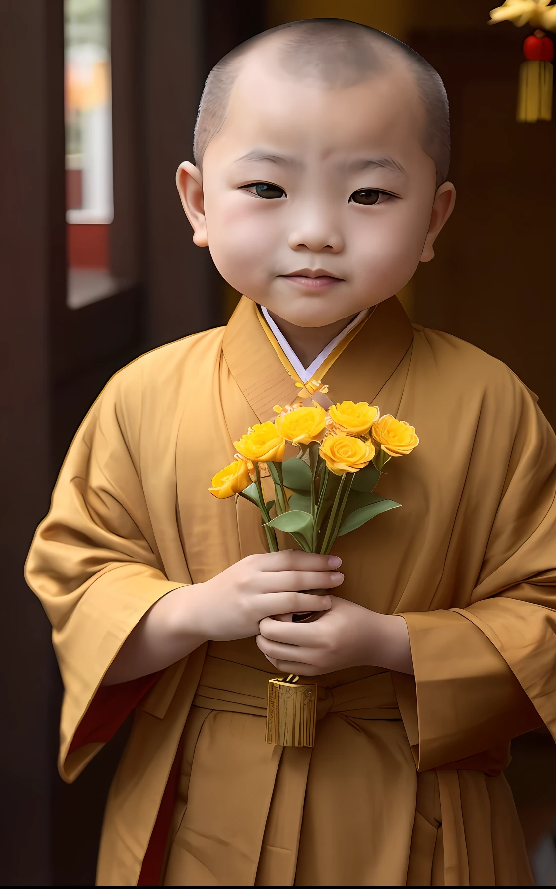 little monks,An Asian boy in a robe holds a Buddha bead, Buddhist, buddhist monk, monk clothes, Holding flowers, with yellow cloths,, wearing brown robes,, Serene expression, Traditional Chinese clothing, Yellow robe, stockphoto, Cute boy, dressed in simple robes