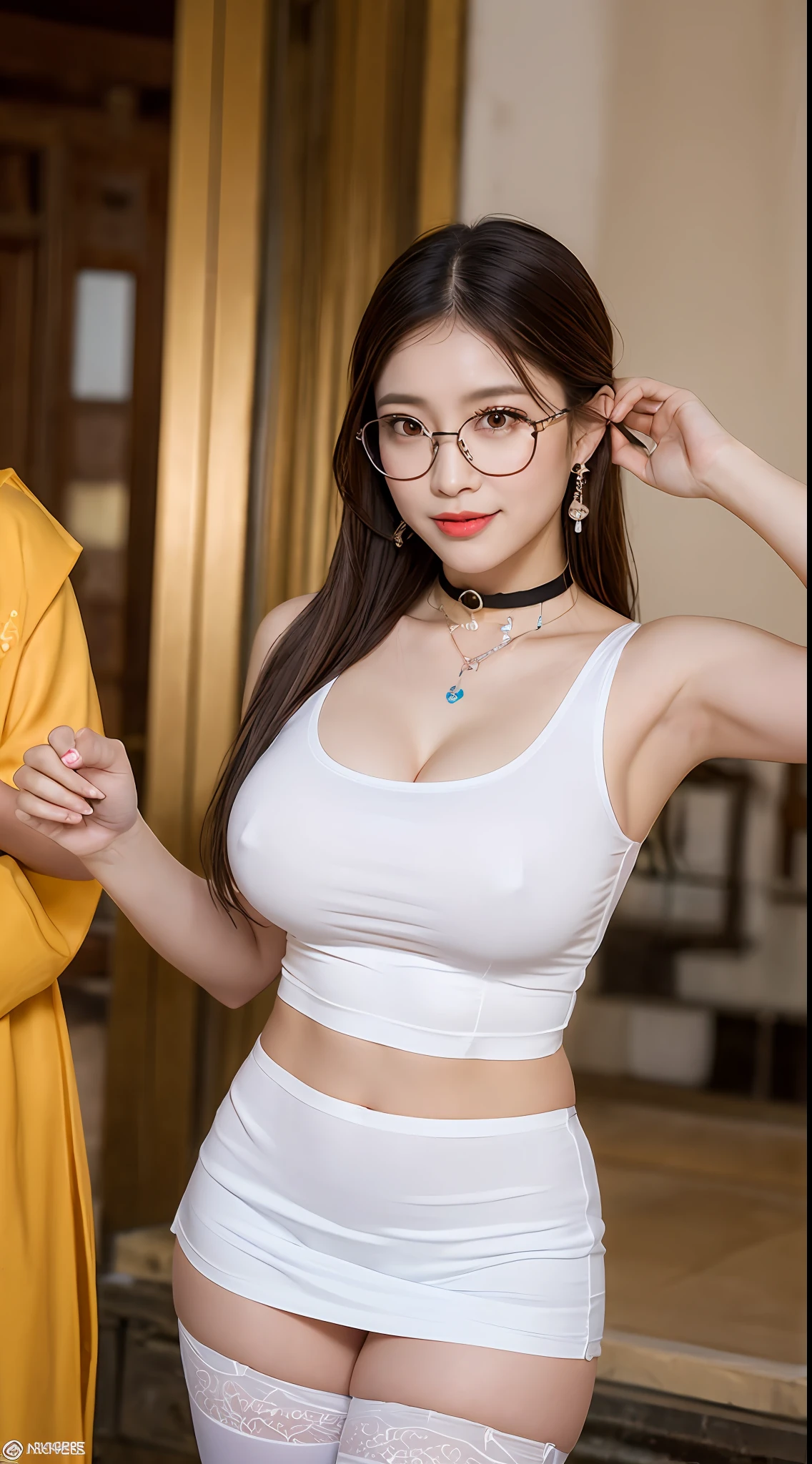 ((midnight, Need, 8K, tmasterpiece:1.3)), A whole body, Long legs, Focalors:1.2, Plump body,perfect figure beautiful woman:1.4,((Dark brown hair, huge tit:1.2 )), (Low-cut white T-shirt, Deep VT shirt,Silk stockings,Short skirt), ((Inside a Buddhist temple)), crowd of,Highly detailed facial and skin texture, A detailed eye, 二重まぶた,wears glasses,crisp breasts,Smile with,Bigger breasts, updo hair,crisp breasts,Get wet,Sweat profusely,Red lips,Hot dance,Large bust,huge tit,wearing a choker,Wear earrings,Noble beauty