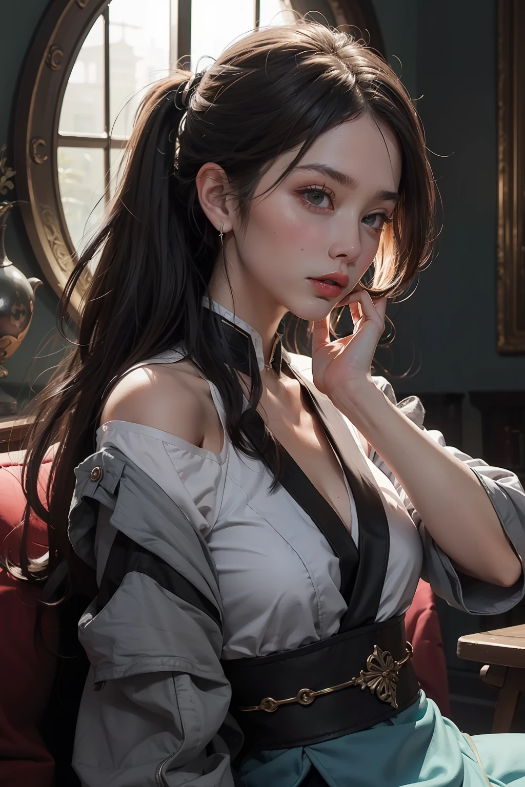 1girl, waist up, hanfu fashion, concept art, extreme close-up shot of a Geeky Man, wearing Vibrant Coif, Yoga pose, Vibrant hair styled as Shoulder-length, Rough sketch, stonepunk, Moonlight, Fish-eye Lens, sunbeam, Concept artist, (art by Jean Arp:1.2), official art, unity 8k wallpaper, ultra detailed, aesthetic, masterpiece, best quality, photorealistic