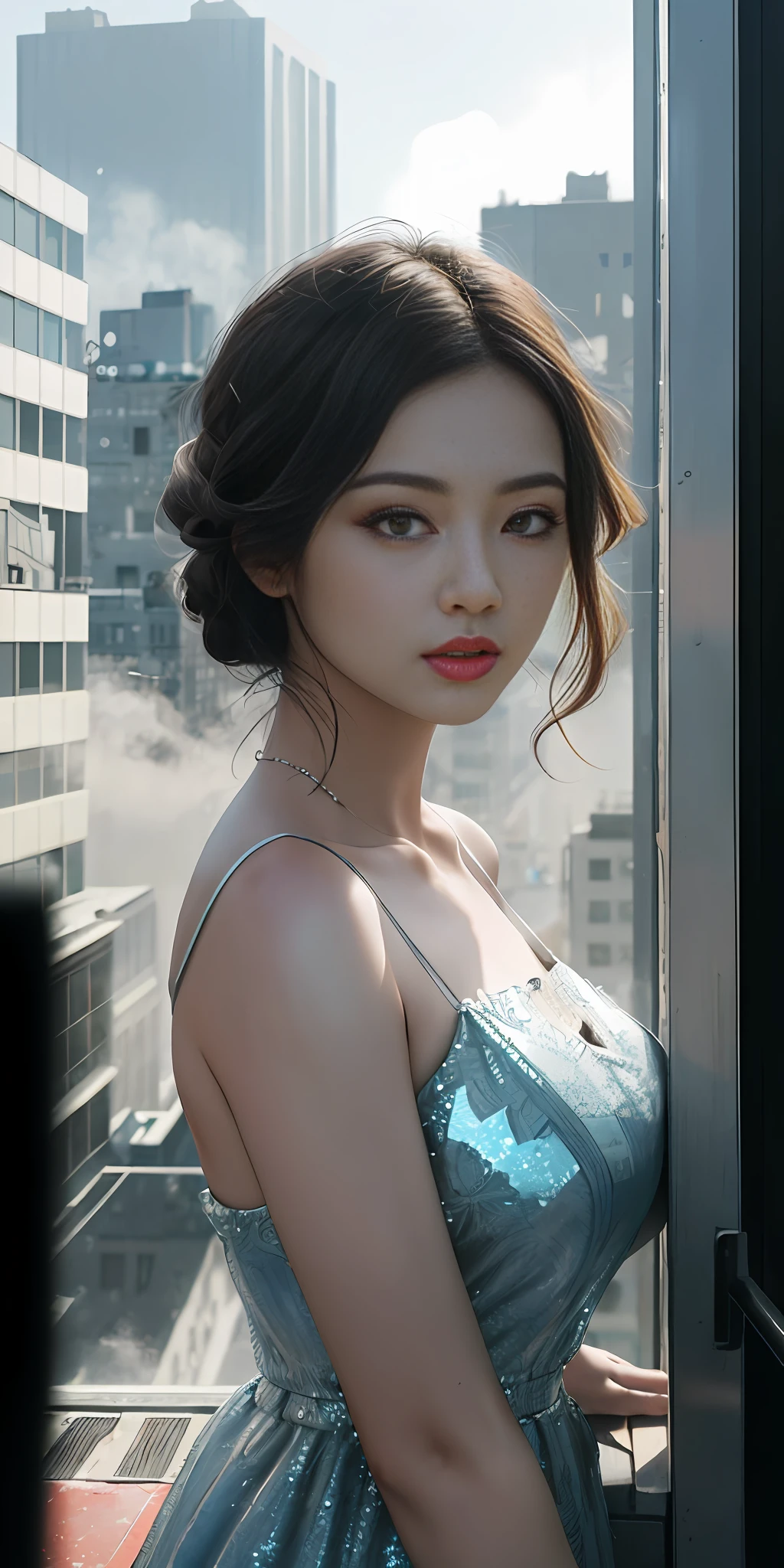 （1girl：1.3）， 独奏， （（（very vey very detailed face））），（（very detailed eyes and faces））），beatiful detailed eyes，Body parts__，offcial art，Unified 8k wallpaper，ultra-detailliert，Beautiful and beautiful，big breasts beautiful，tmasterpiece，best qualtiy，primitive，tmasterpiece，ultra fine photos，best qualtiy，超高分辨率，photorealistic realism，rays of sunshine，full-body portraits，stunningly beautiful，，dynamicposes，delicated face，vibrant eyes，（from the front side）， She wears a Coca-Cola pattern tight，Very detailed city roof background， Roof，looking over city，详细的脸，detailed complex busy background，untidy，opulent，milkyW，highly detailedskin，Realistic details of skin，Visible pores，Clear focus，volume fog，8k uhd，digital SLR camera，high qulity，filmgrain，White skin of the，photo-realism，lomography，A huge metropolis of the dystopia of the future， semi transparent