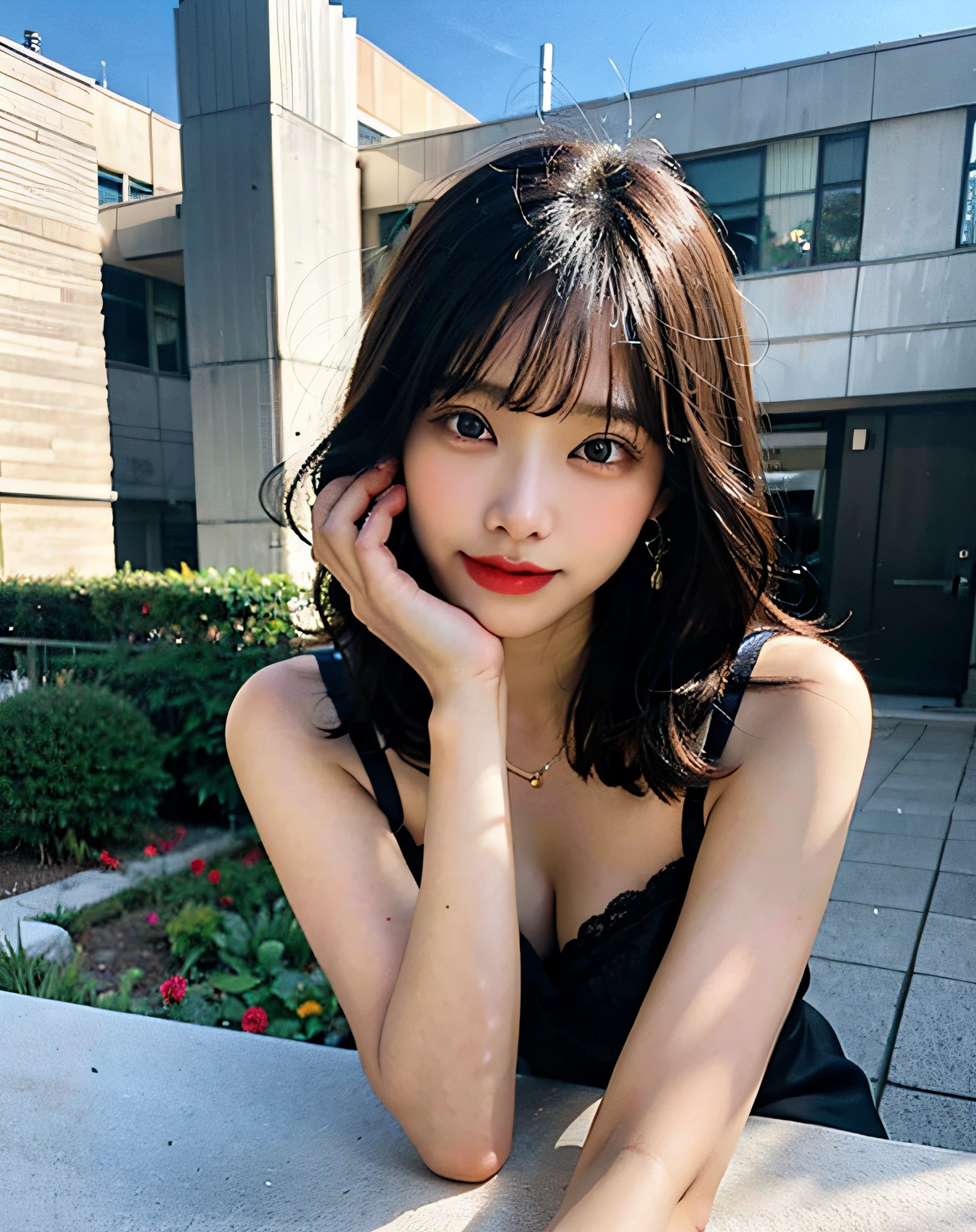 top-quality、Hi-Res、8K、Girl 1 Mature Mature Mature Woman Person、during the day、、A dark-haired、short-cut、with light glowing、outside of house、Luxury、(Medium Hair)、Beautiful detail sky、Beautiful earrings、(dynamicposes:0.8)、(fullllbody:1.2)、Soft breeze、shinny skin、line of sight、Bust、Black lingerie、Office、all-fours