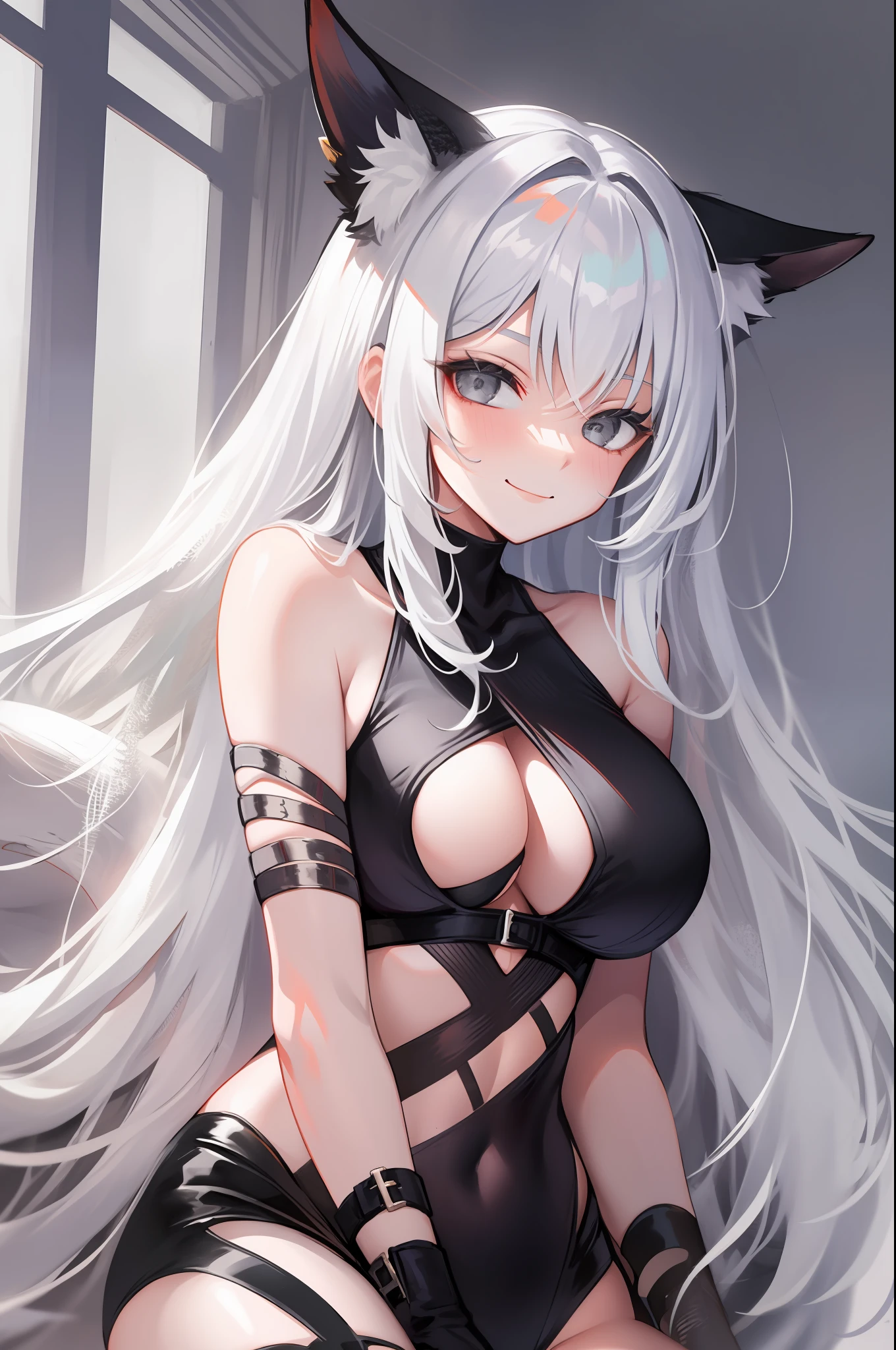 phnChan, swimsuit, shaded_face, thighs, smirk, narrowed_eyes, 1girl, long_hair, thighhighs, tail, animal_ears, fingerless_gloves, white_hair, grey_eyes