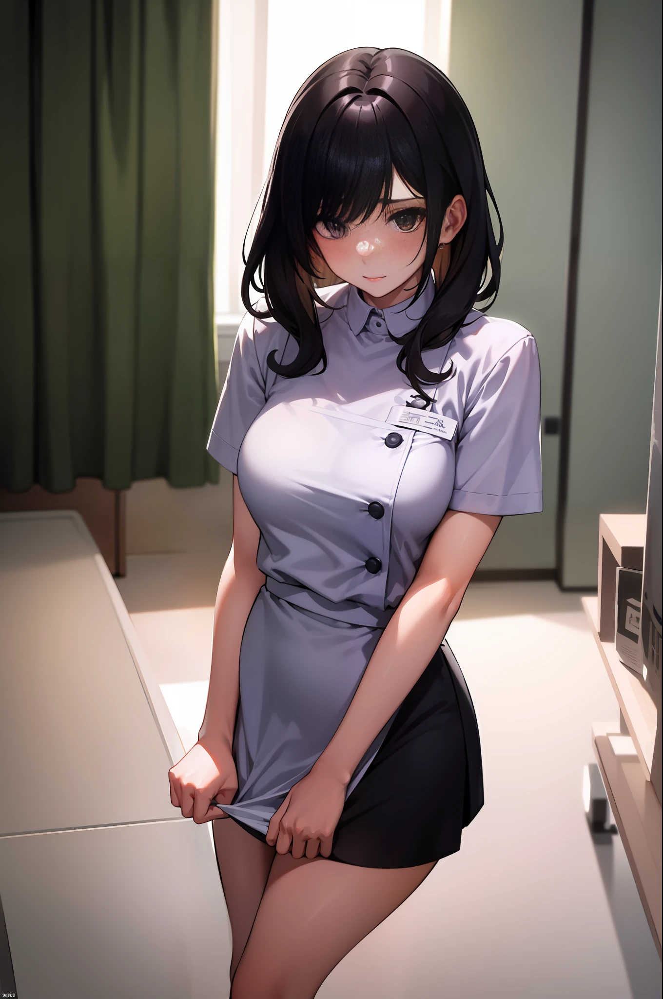 1girl, clothes tug, nurse,
infirmary,, masterpiece, best quality, highly detailed