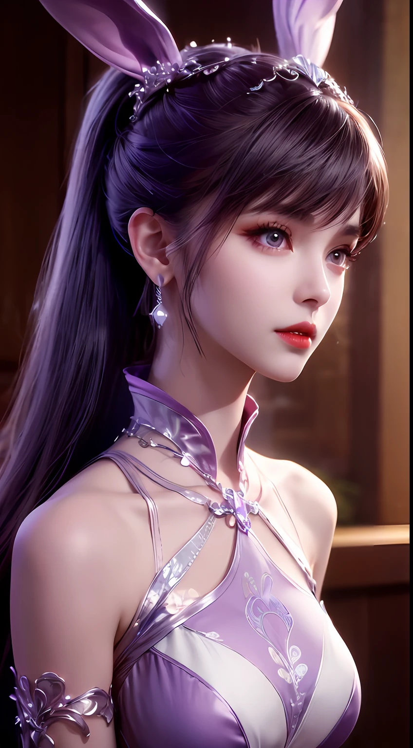 1 extremely beautiful girl in hanfu dress, thin purple silk shirt with many white motifs, white lace top, long purple platinum ponytail, gorgeous hair jewelry, earring jewelry, rabbit ears light purple color, necklace jewelry, big purple eyes meticulously drawn, meticulous makeup, thin eyebrows, high nose, pretty red lips, no smile, pursed lips, rosy cheeks, big breasts, big breasts , well-proportioned bust, slim waist, purple mesh socks, Chinese hanfu style, fictional art textures, vivid and realistic colors, RAW photos, real photos, ultra-high quality 8k surreal photos , (fantasy lighting effect: 1.8), 10x pixels, magic effect (background): 1.8), super detailed eyes, beautiful girl upper body portrait, girl alone, hanfu background ancient, looking directly at the audience, wide original image, 8k quality, UHD, HDR10, super sharp, the most detailed and clear picture, bright colors, even lighting, detailed light and dark background,