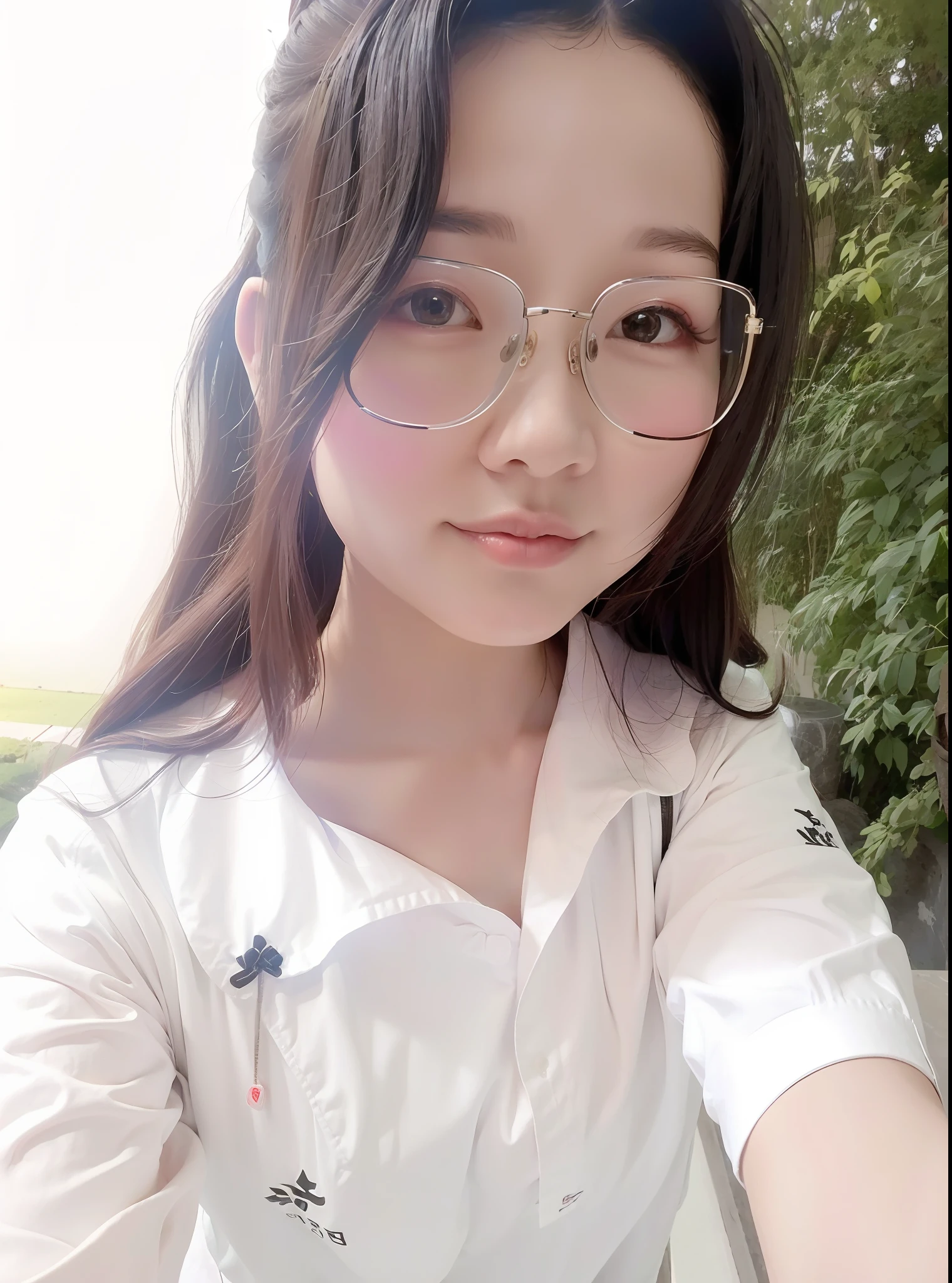 there is a woman wearing glasses and a white shirt, dang my linh, xintong chen, wenfei ye, zeng fanzh, With glasses, Li Zixin, Lin Qifeng, 8k selfie photograph, Zhang Pengzhen, xision wu, wenjun lin, very very low quality picture, mingchen shen, zhelong xu