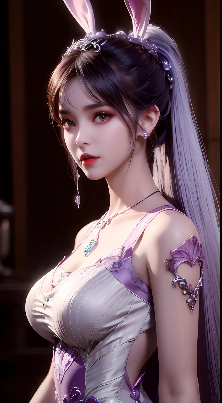 1 extremely beautiful girl in hanfu dress, thin purple silk shirt with many white motifs, white lace top, long purple platinum ponytail, gorgeous hair jewelry, earring jewelry, rabbit ears light purple color, necklace jewelry, big purple eyes meticulously drawn, meticulous makeup, thin eyebrows, high nose, pretty red lips, no smile, pursed lips, rosy cheeks, big breasts, big breasts , well-proportioned bust, slim waist, purple mesh socks, Chinese hanfu style, fictional art textures, vivid and realistic colors, RAW photos, real photos, ultra-high quality 8k surreal photos , (fantasy lighting effect: 1.8), 10x pixels, magic effect (background): 1.8), super detailed eyes, beautiful girl upper body portrait, girl alone, hanfu background ancient, looking directly at the audience, wide original image, 8k quality, UHD, HDR10, super sharp, the most detailed and clear picture, bright colors, even lighting, detailed light and dark background,
