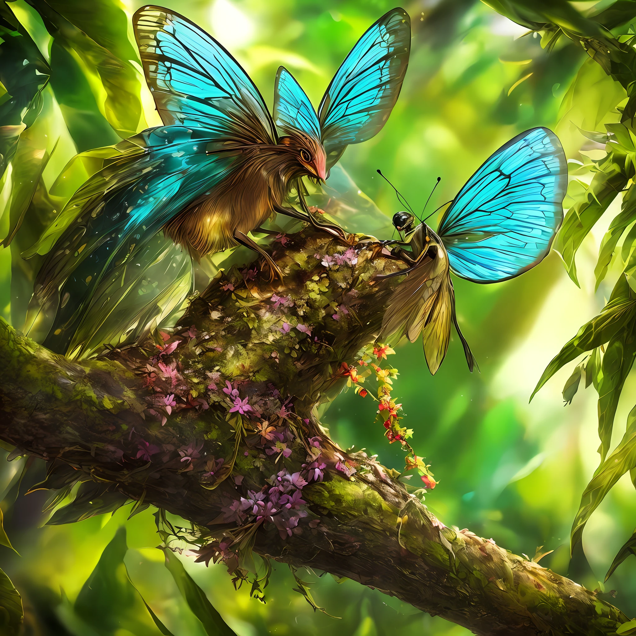 Leathery slippery creature with four wings. Wings transparent, large eyes, long narrow muzzle, with a long thin tongue. Slim, butterfly colors, green-blue, (he sits on a branch in the jungle and watches from hiding),hiding in the leaves in a lush forest,(highly detailed:1.2),(best quality:1.2),8k,sharp focus,(subsurface scattering:1.1),(award-winning macro photography:1.1)
(cute:1.2),Leathery slippery creature with four wings.
(very detailed clothes:1.2), (highly detailed background:1.3), chibi, (hyperrealistic:1.2), cinematic lighting, highly detailed,smooth, sharp focus,[(emb-rrf2:1.0):.15]