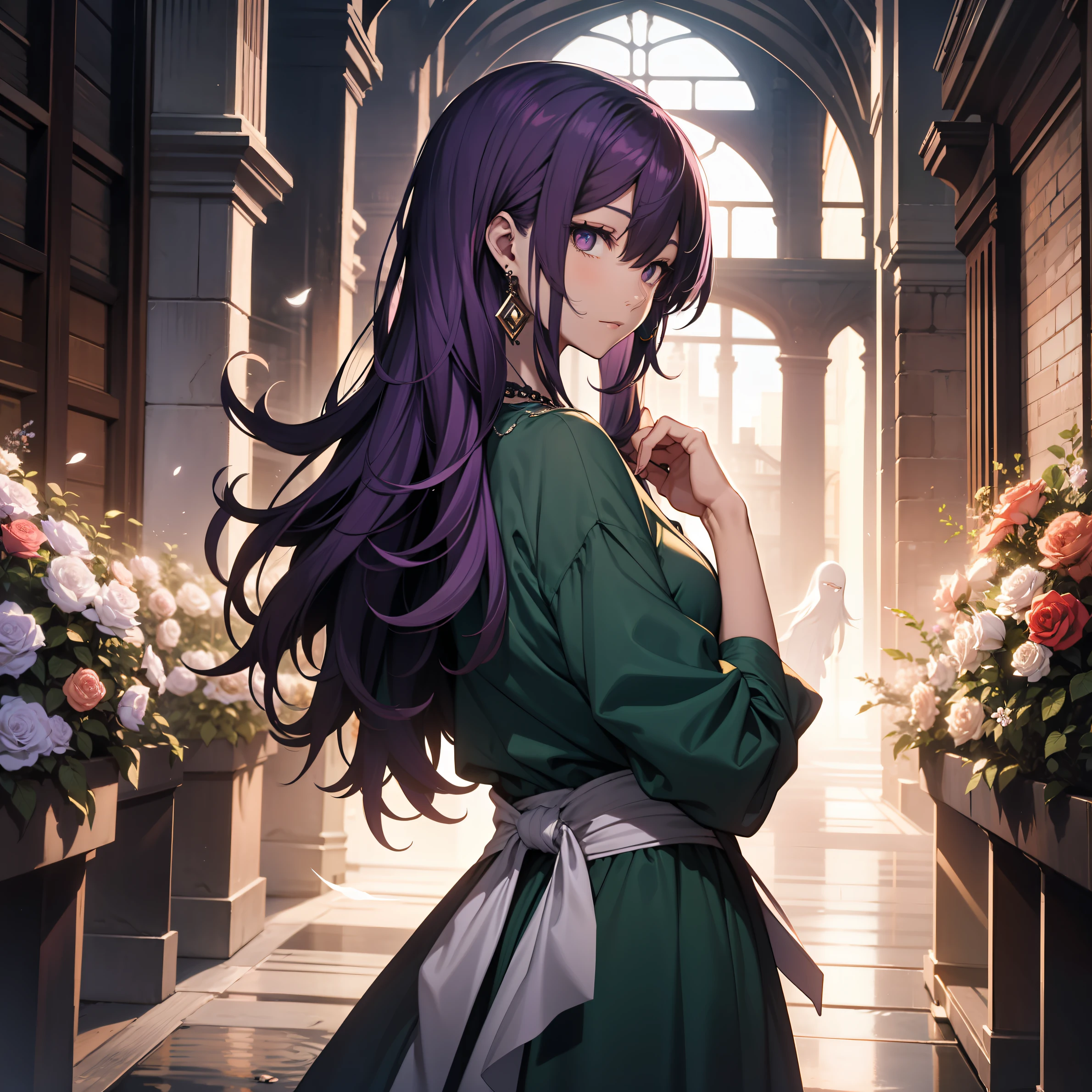 This is a girl,Purple colored hair,Wearing necklaces and earrings,Wearing a long green dress,She pointed ahead,Long hair with flowers and white roses。Has archangel wings,But behind him are countless ghosts