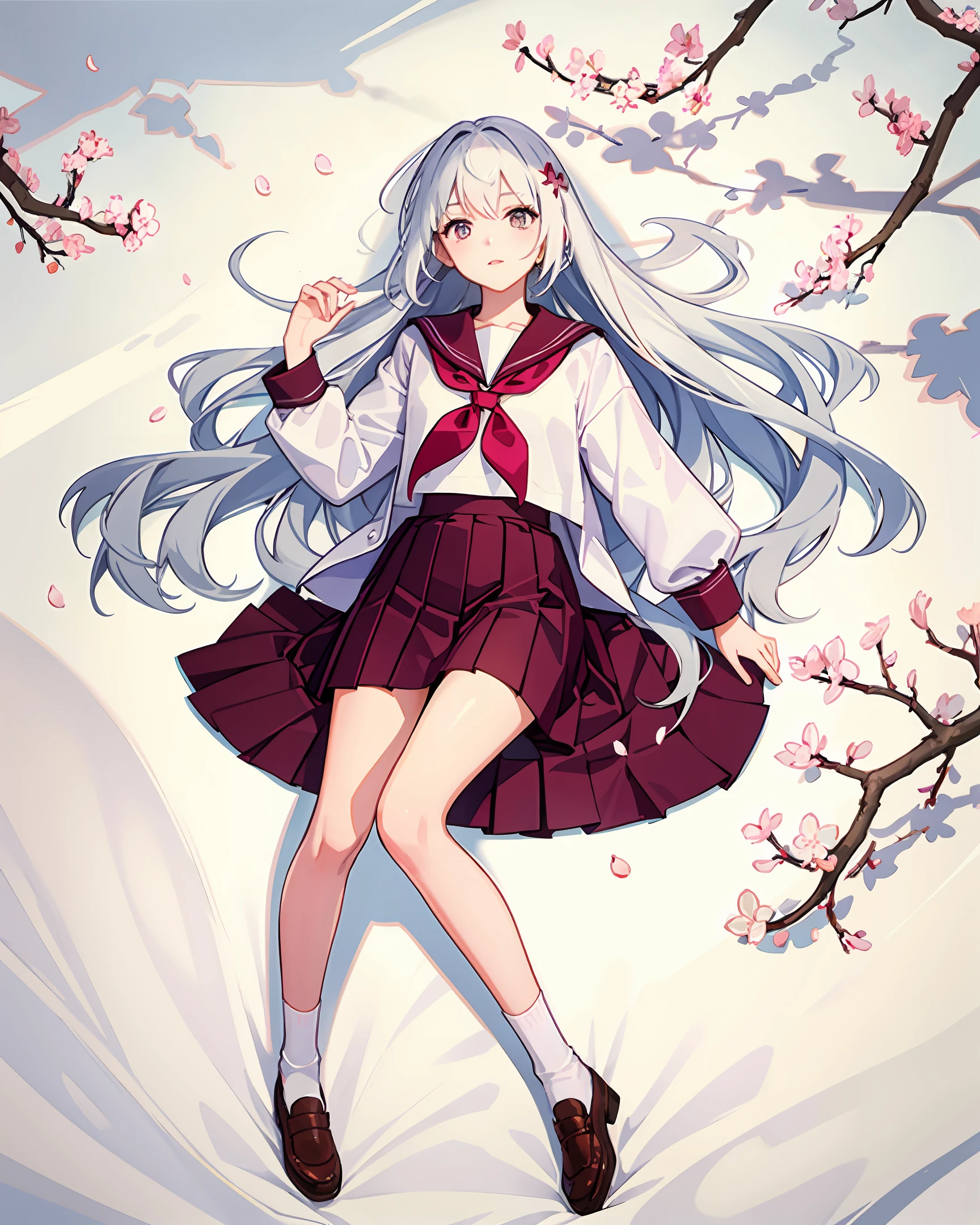 Girl with long white hair,White knee-length socks,Pink pleated skirt,a sailor suit,校服,Cherry blossom trees in the background,one-girl,Lying next to the cherry blossom tree,Two-dimensional painting style,Ultra high quality,Ray traching