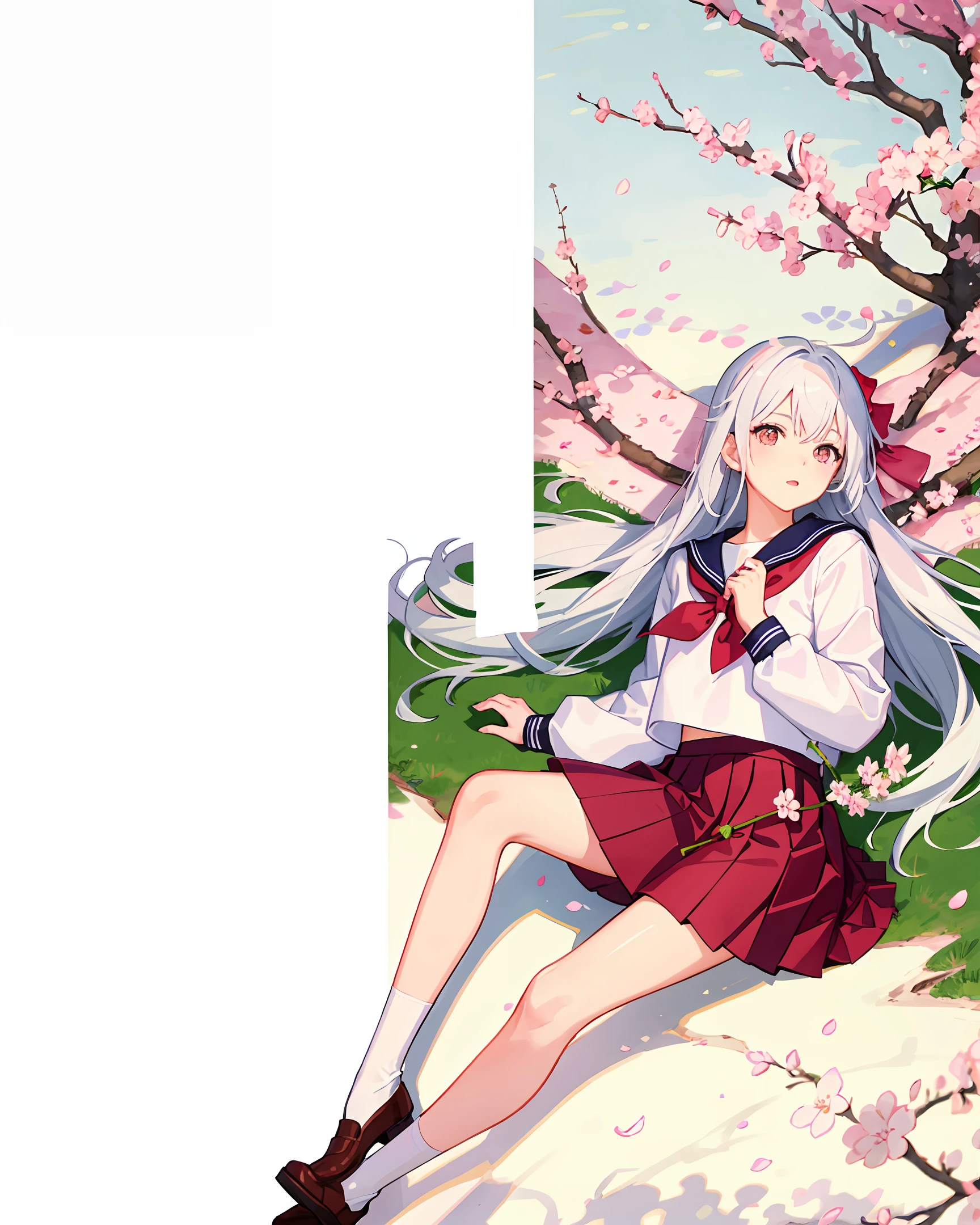 Girl with long white hair，White knee-length socks，Pink pleated skirt，a sailor suit，校服，Cherry blossom trees in the background，one-girl，Lying next to the cherry blossom tree，Two-dimensional painting style，Ultra high quality，Ray traching